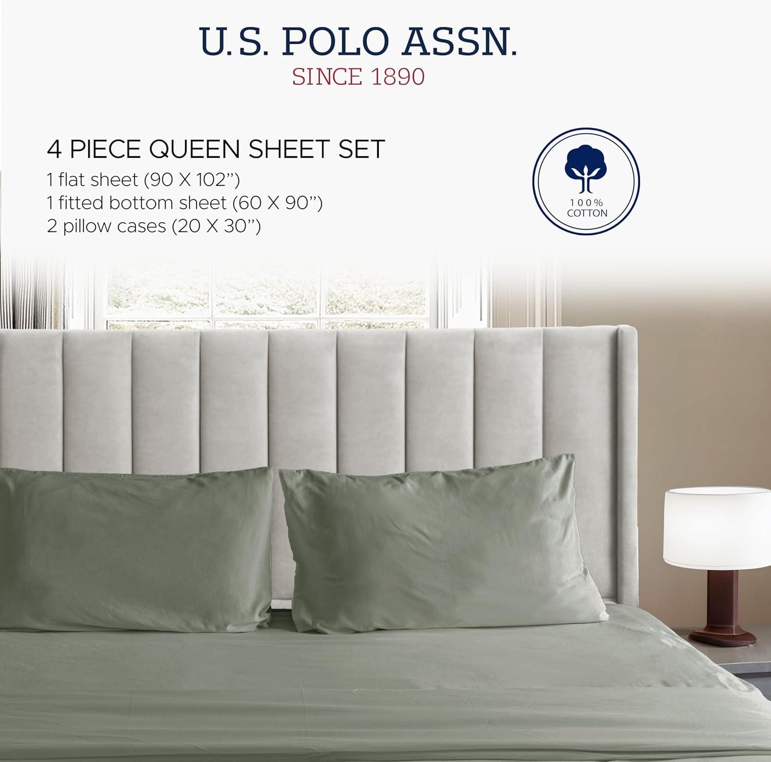 imageUS Polo Assn 100 Cotton 4PC Sheet Set  144 Thread Count Soft ampamp Breathable  Includes Flat Sheet Fitted Sheet 2 Pillowcases  King Desert SageDesert Sage