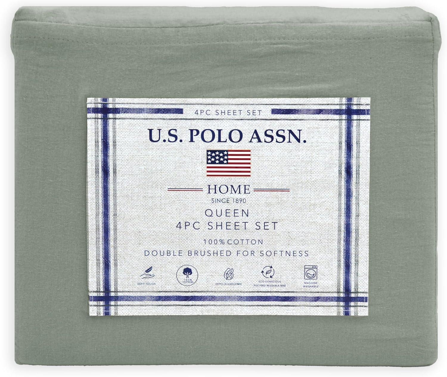 imageUS Polo Assn 100 Cotton 4PC Sheet Set  144 Thread Count Soft ampamp Breathable  Includes Flat Sheet Fitted Sheet 2 Pillowcases  King Desert SageDesert Sage