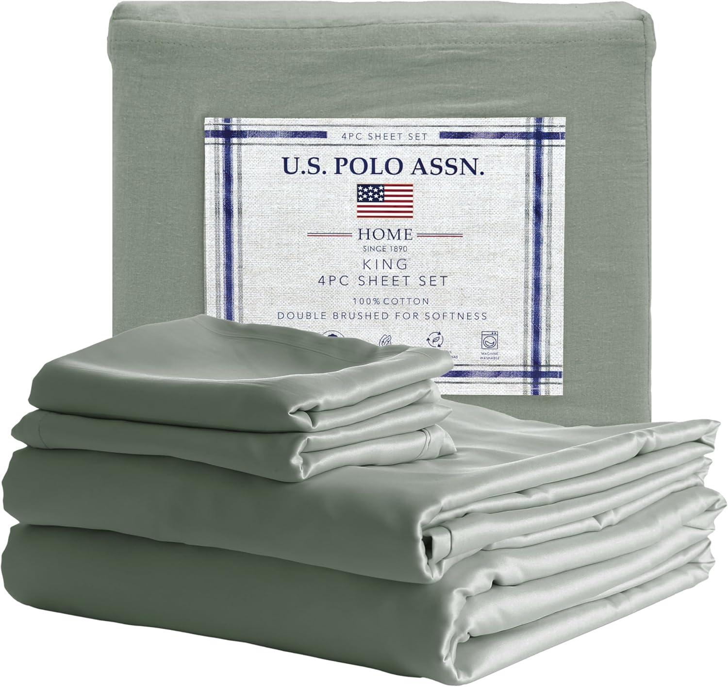 imageUS Polo Assn 100 Cotton 4PC Sheet Set  144 Thread Count Soft ampamp Breathable  Includes Flat Sheet Fitted Sheet 2 Pillowcases  King Desert SageDesert Sage