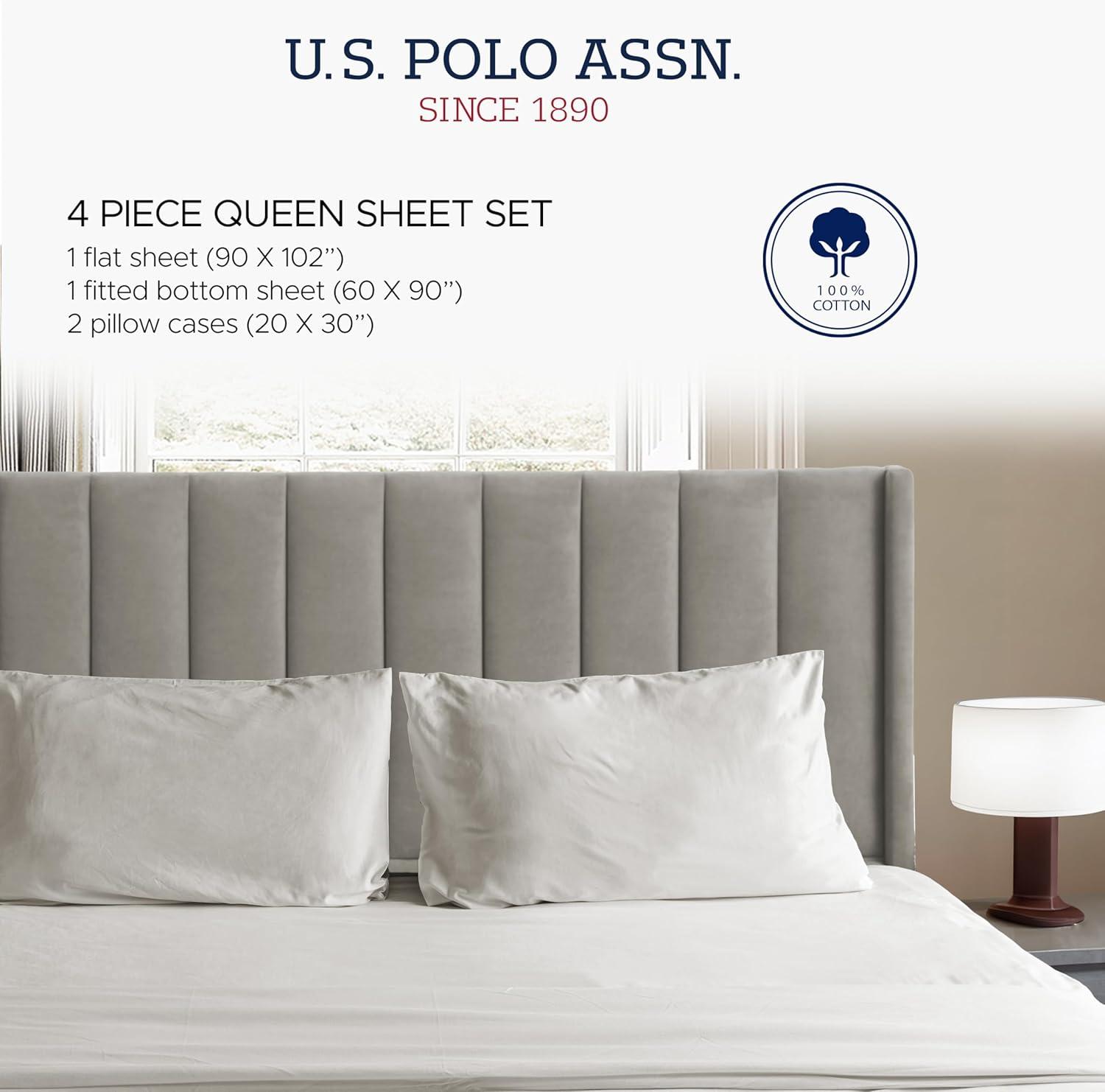 imageUS Polo Assn 100 Cotton 4PC Sheet Set 144 Thread Count Soft ampamp Breathable Includes Flat Sheet Fitted Sheet 2 Pillowcases King Desert SageMoonbeam