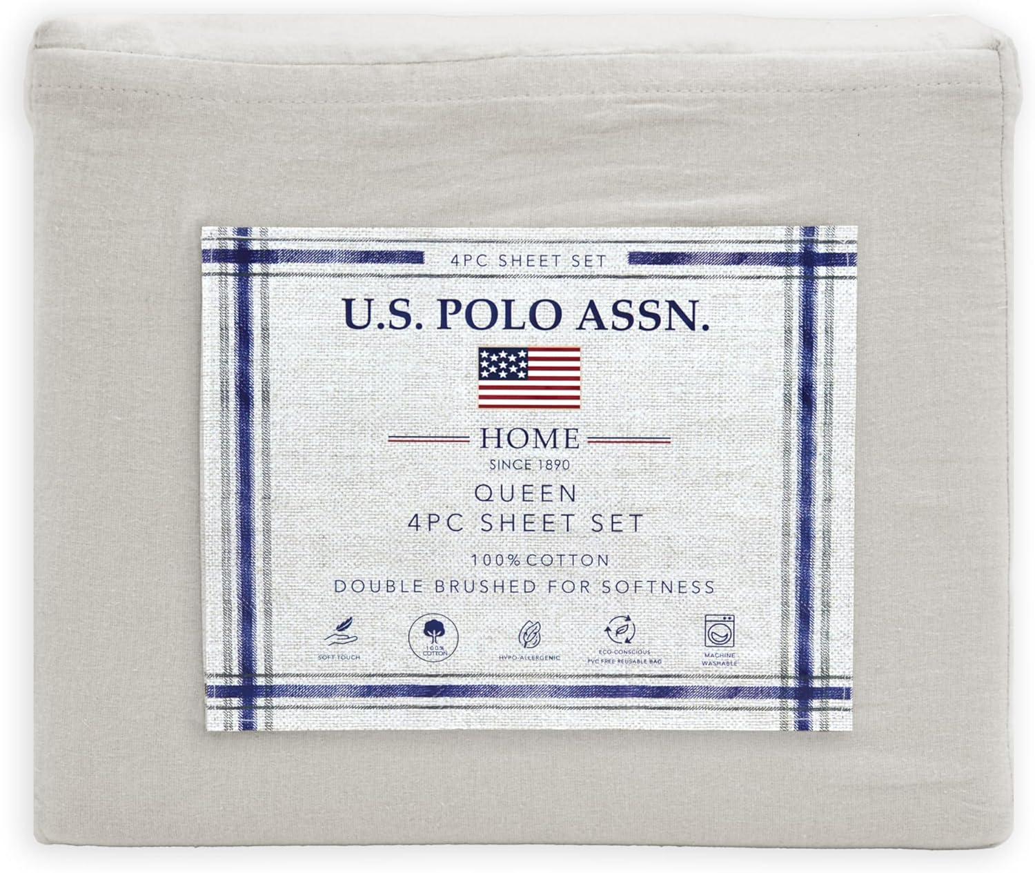 imageUS Polo Assn 100 Cotton 4PC Sheet Set 144 Thread Count Soft ampamp Breathable Includes Flat Sheet Fitted Sheet 2 Pillowcases King Desert SageMoonbeam
