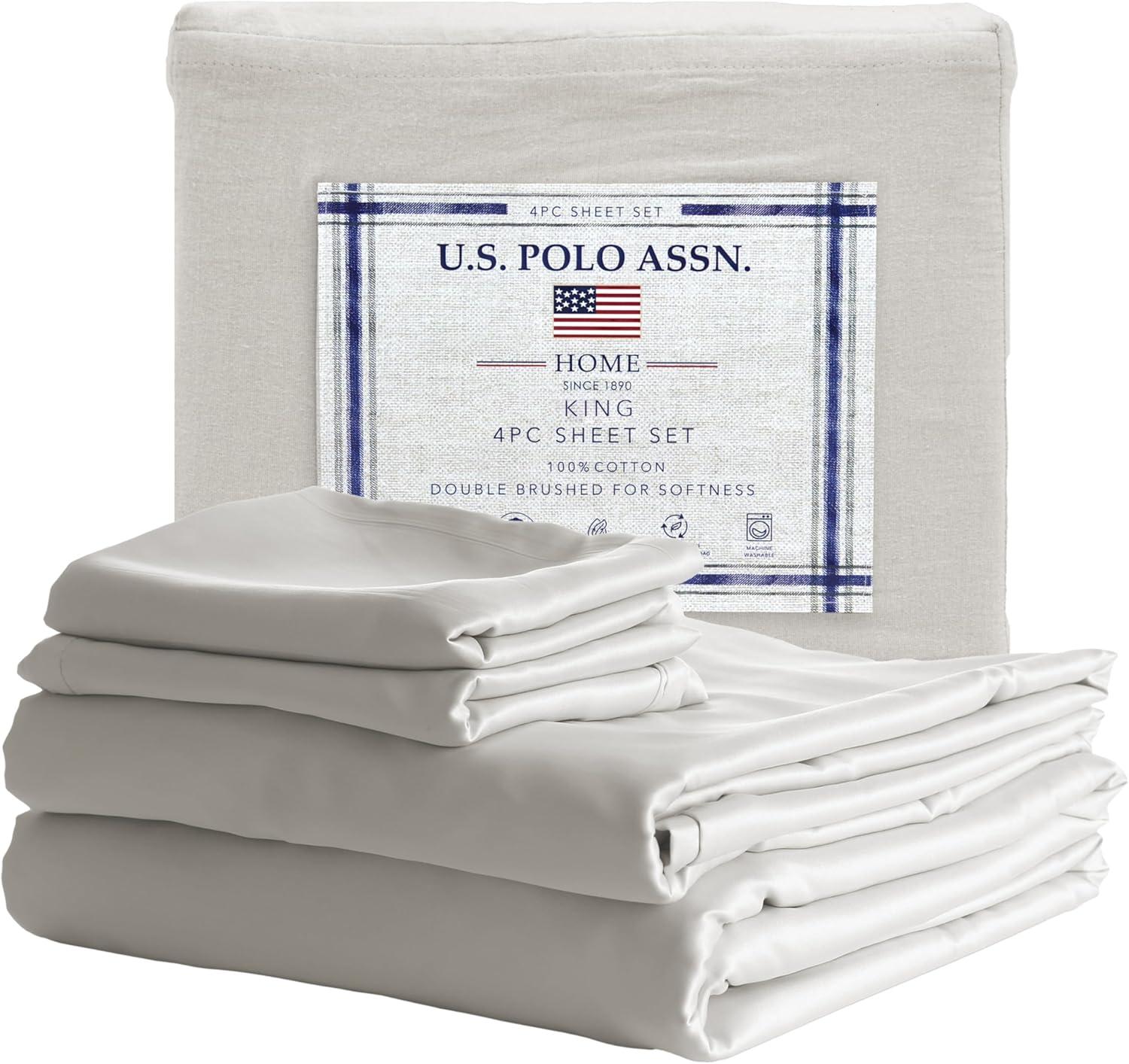 imageUS Polo Assn 100 Cotton 4PC Sheet Set 144 Thread Count Soft ampamp Breathable Includes Flat Sheet Fitted Sheet 2 Pillowcases King Desert SageMoonbeam