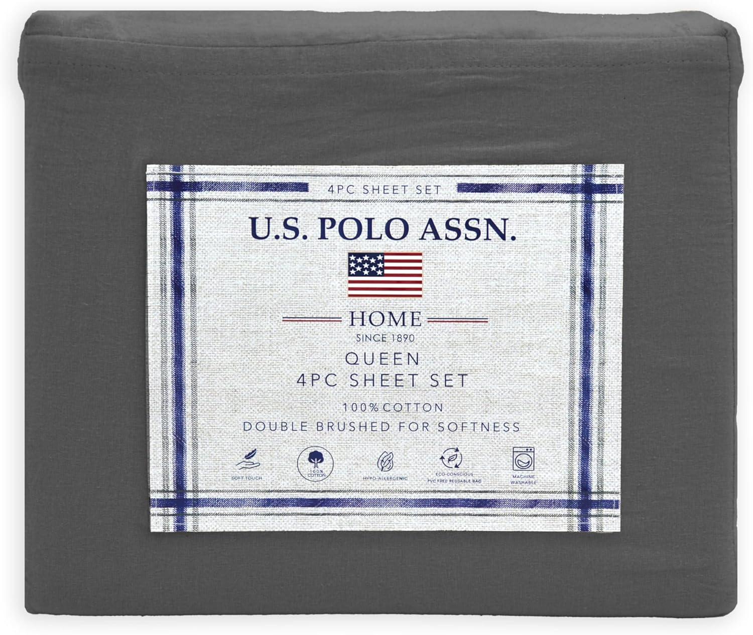 imageUS Polo Assn 100 Cotton 4PC Sheet Set  144 Thread Count Soft ampamp Breathable  Includes Flat Sheet Fitted Sheet 2 Pillowcases  King Desert SageSteel Grey