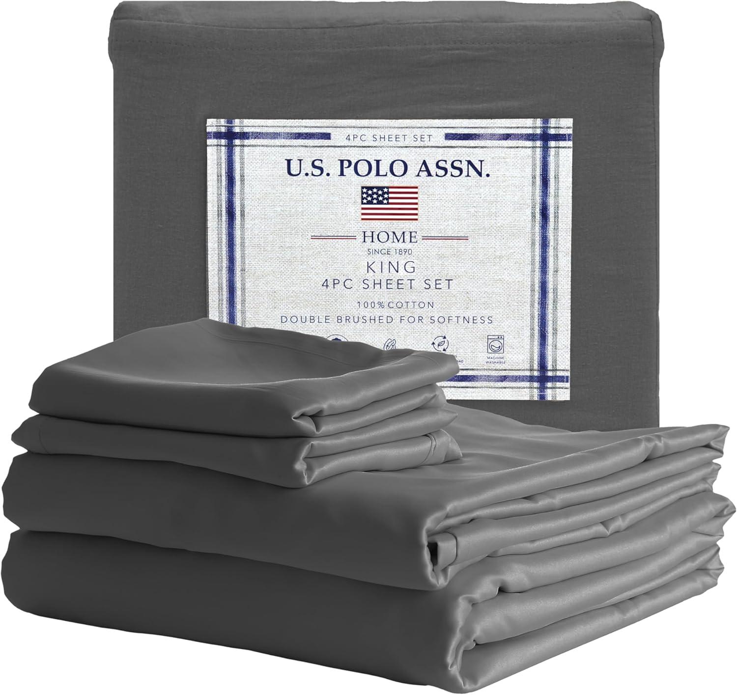 imageUS Polo Assn 100 Cotton 4PC Sheet Set  144 Thread Count Soft ampamp Breathable  Includes Flat Sheet Fitted Sheet 2 Pillowcases  King Desert SageSteel Grey