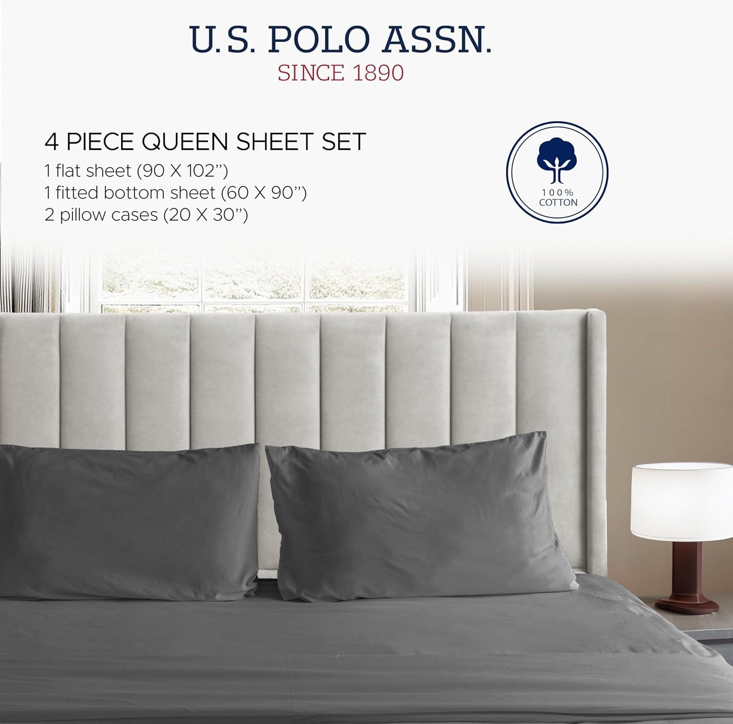 imageUS Polo Assn 100 Cotton 4PC Sheet Set  144 Thread Count Soft ampamp Breathable  Includes Flat Sheet Fitted Sheet 2 Pillowcases  King Desert SageSteel Grey