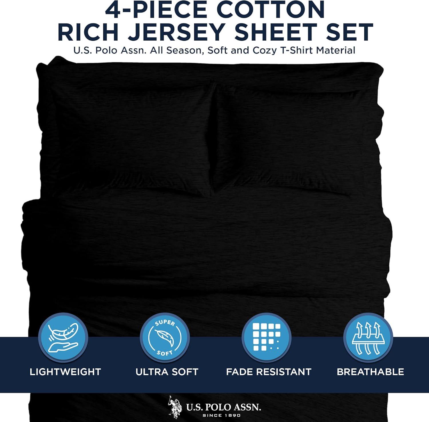 imageUS Polo Assn All Season Soft and Cozy TShirt Material 1800 Thread Count 4Piece Cotton Rich Jersey Sheet SetBlack