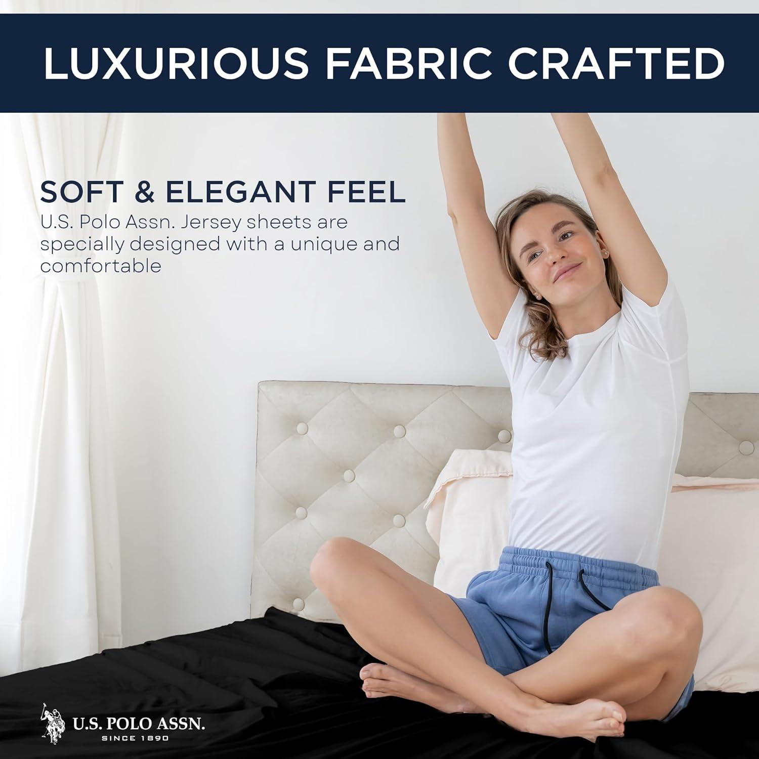 imageUS Polo Assn All Season Soft and Cozy TShirt Material 1800 Thread Count 4Piece Cotton Rich Jersey Sheet SetBlack