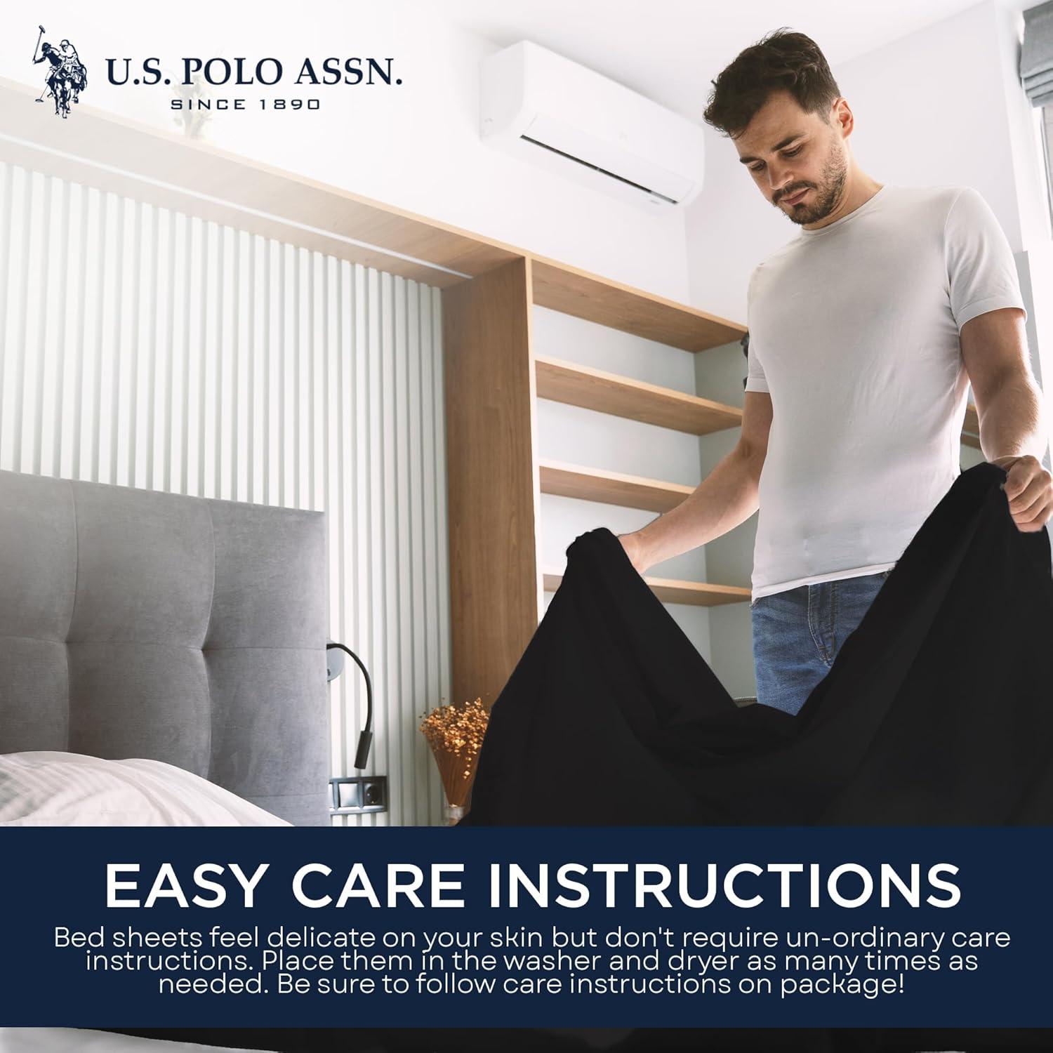 imageUS Polo Assn All Season Soft and Cozy TShirt Material 1800 Thread Count 4Piece Cotton Rich Jersey Sheet SetBlack