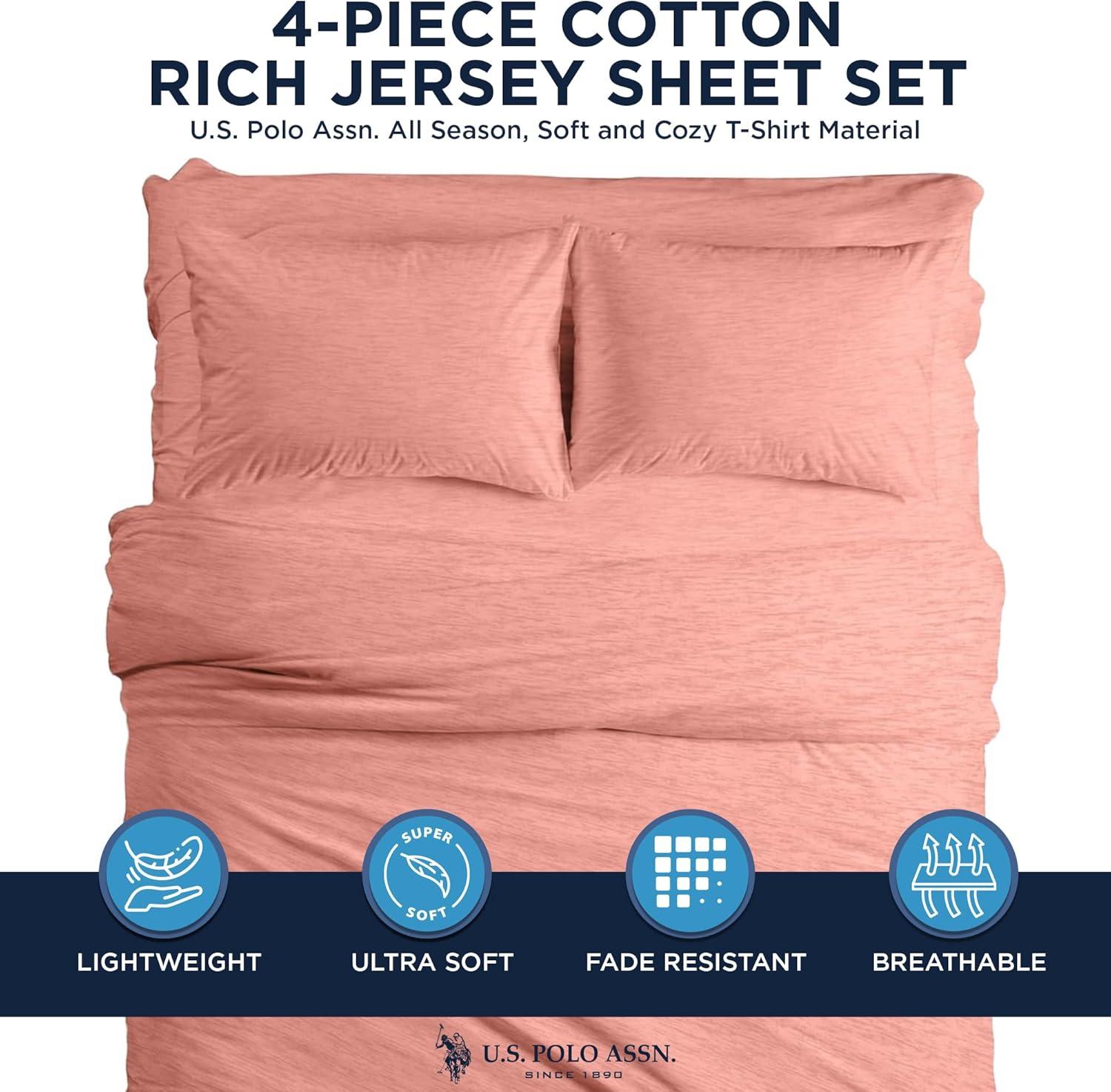 imageUS Polo Assn All Season Soft and Cozy TShirt Material 1800 Thread Count 4Piece Cotton Rich Jersey Sheet SetBlush