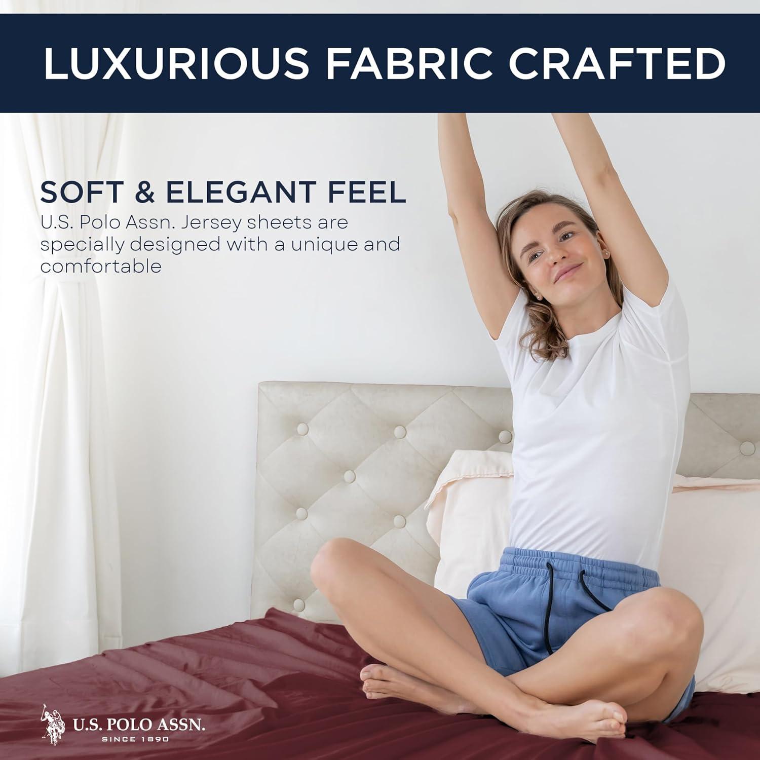 imageUS Polo Assn All Season Soft and Cozy TShirt Material 1800 Thread Count 4Piece Cotton Rich Jersey Sheet SetBurgundy