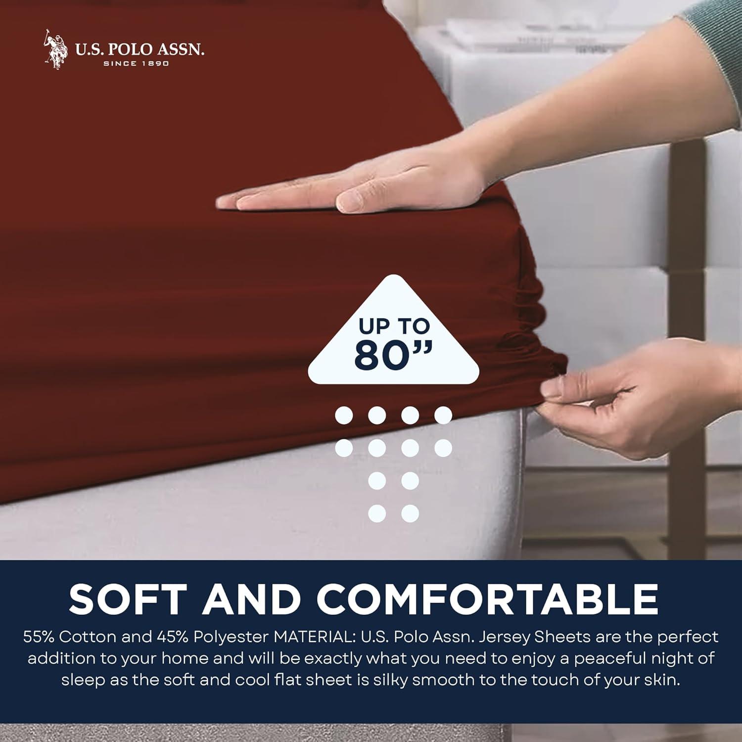 imageUS Polo Assn All Season Soft and Cozy TShirt Material 1800 Thread Count 4Piece Cotton Rich Jersey Sheet SetBurgundy