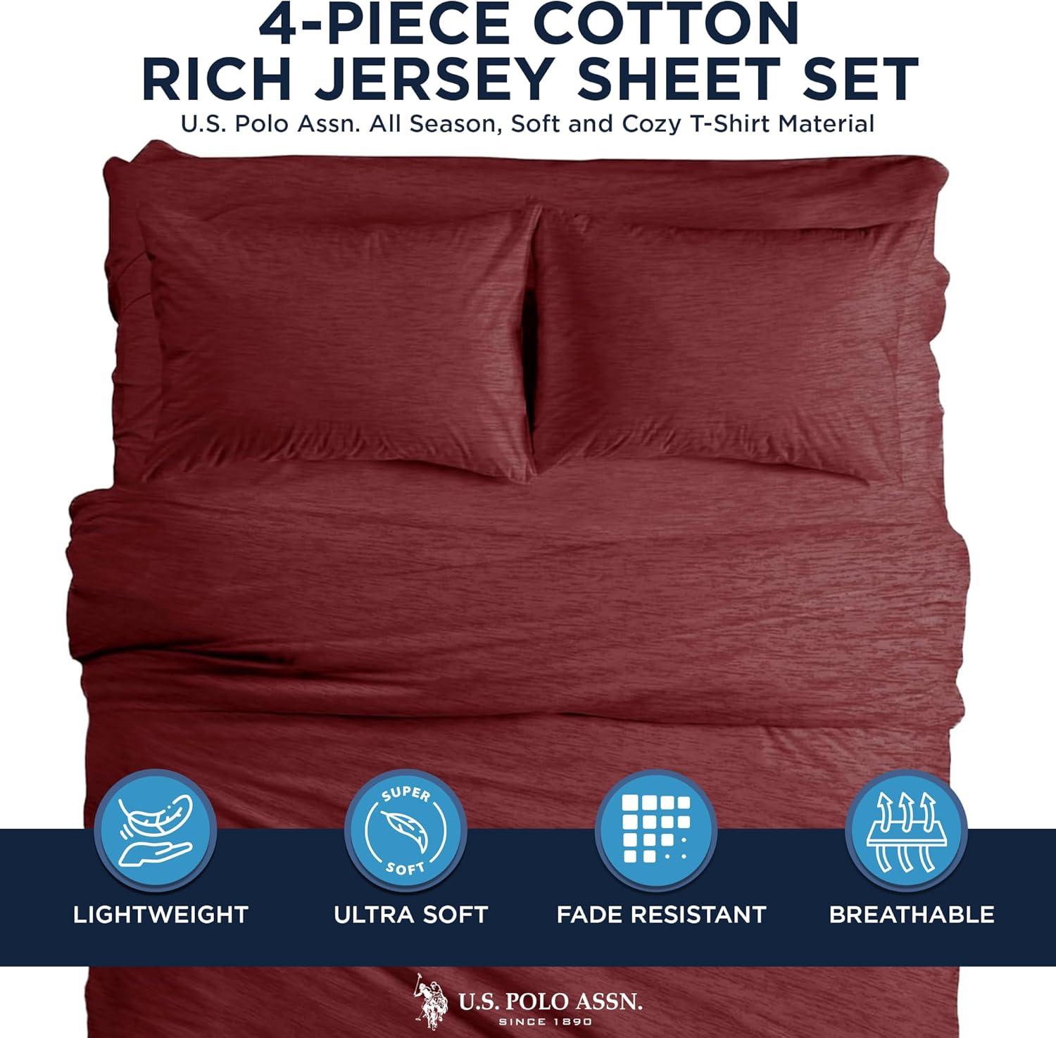 imageUS Polo Assn All Season Soft and Cozy TShirt Material 1800 Thread Count 4Piece Cotton Rich Jersey Sheet SetBurgundy