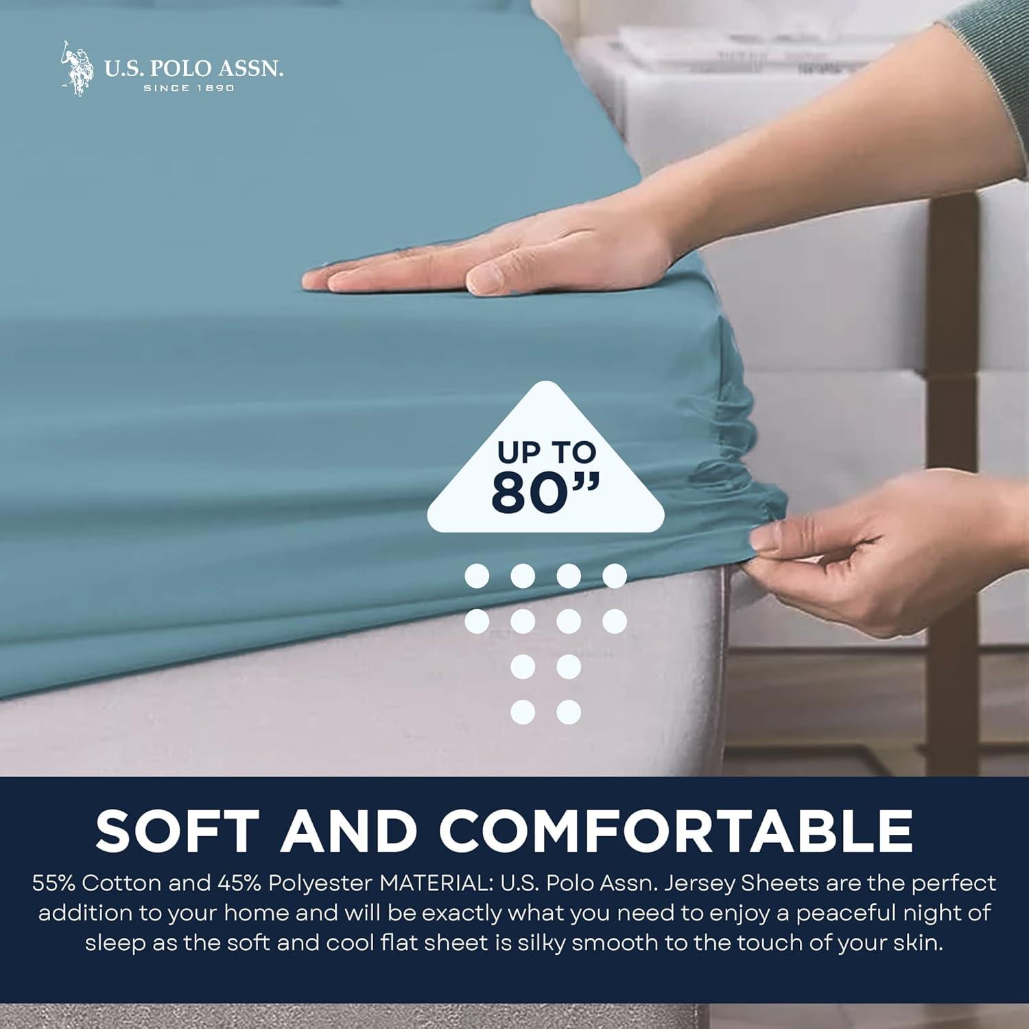 imageUS Polo Assn All Season Soft and Cozy TShirt Material 1800 Thread Count 4Piece Cotton Rich Jersey Sheet SetCameo Blue