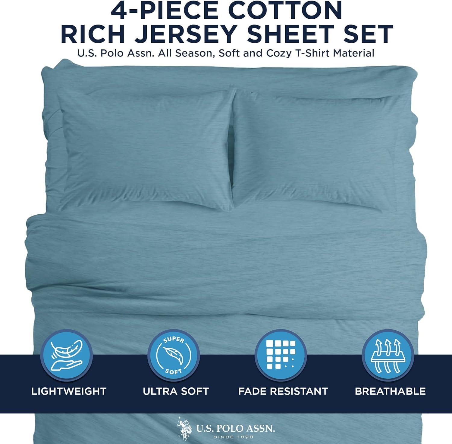 imageUS Polo Assn All Season Soft and Cozy TShirt Material 1800 Thread Count 4Piece Cotton Rich Jersey Sheet SetCameo Blue