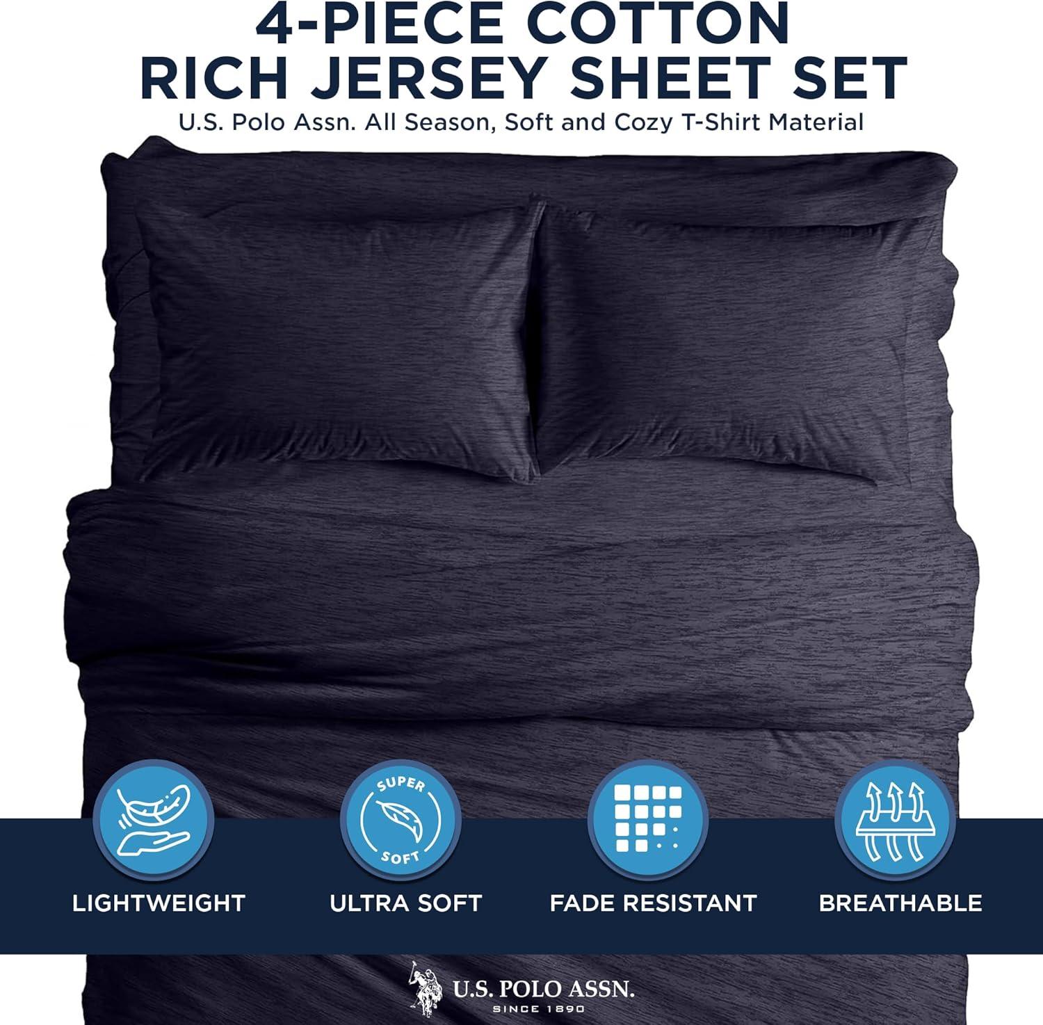 imageUS Polo Assn All Season Soft and Cozy TShirt Material 1800 Thread Count 4Piece Cotton Rich Jersey Sheet SetDenim