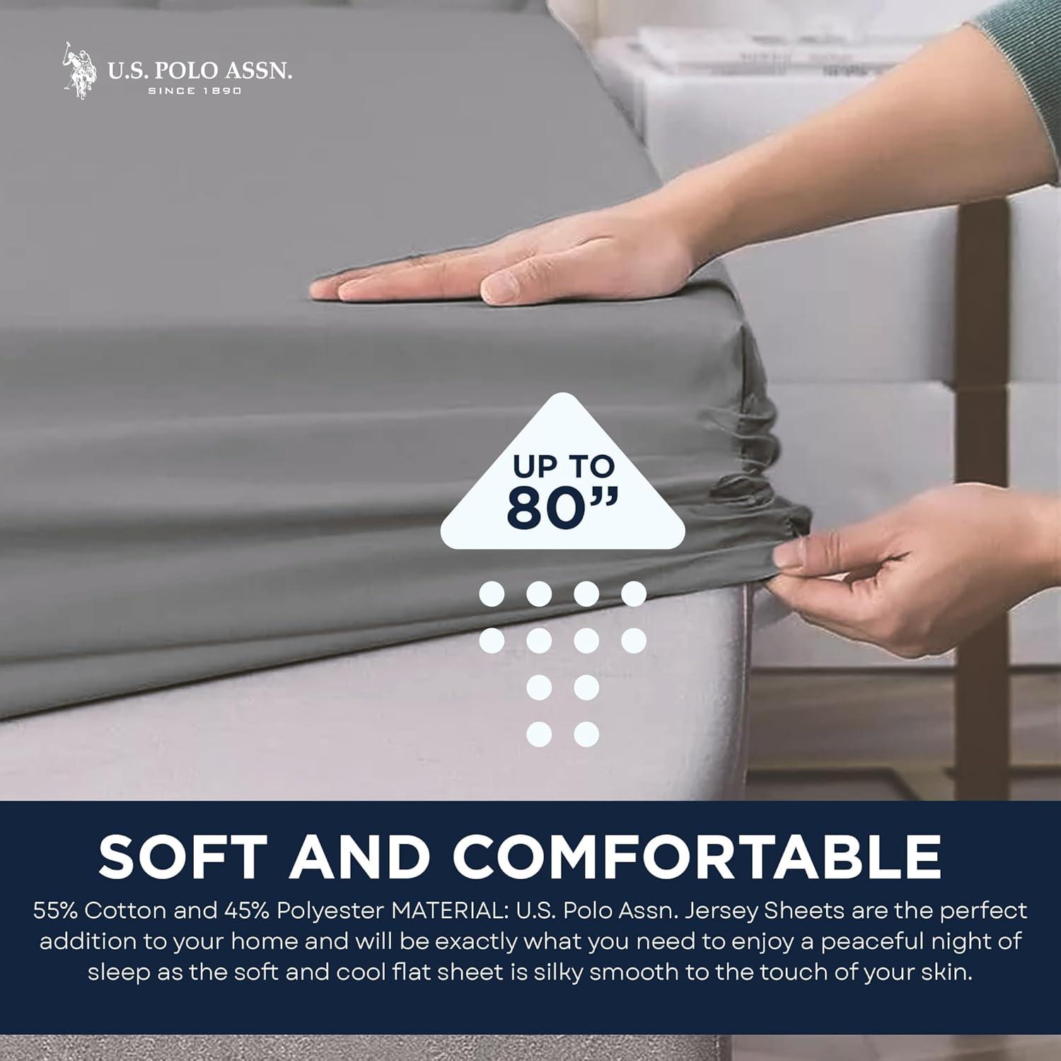 imageUS Polo Assn All Season Soft and Cozy TShirt Material 1800 Thread Count 4Piece Cotton Rich Jersey Sheet SetGrey Flannel