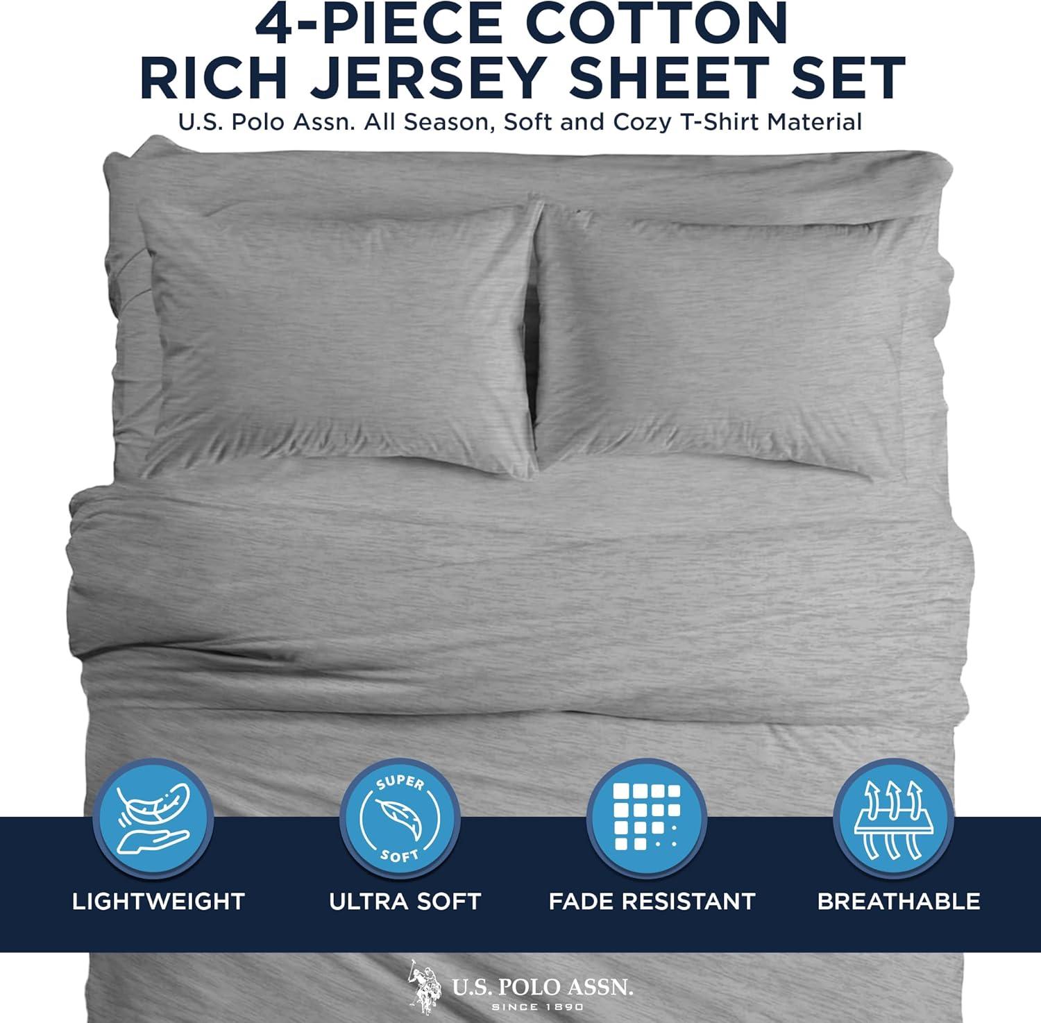 imageUS Polo Assn All Season Soft and Cozy TShirt Material 1800 Thread Count 4Piece Cotton Rich Jersey Sheet SetHeather Grey