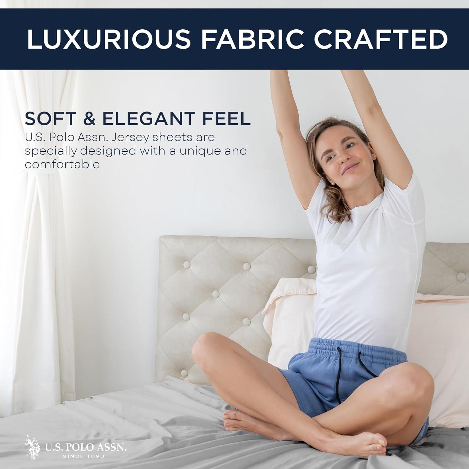 imageUS Polo Assn All Season Soft and Cozy TShirt Material 1800 Thread Count 4Piece Cotton Rich Jersey Sheet SetHeather Lt Grey