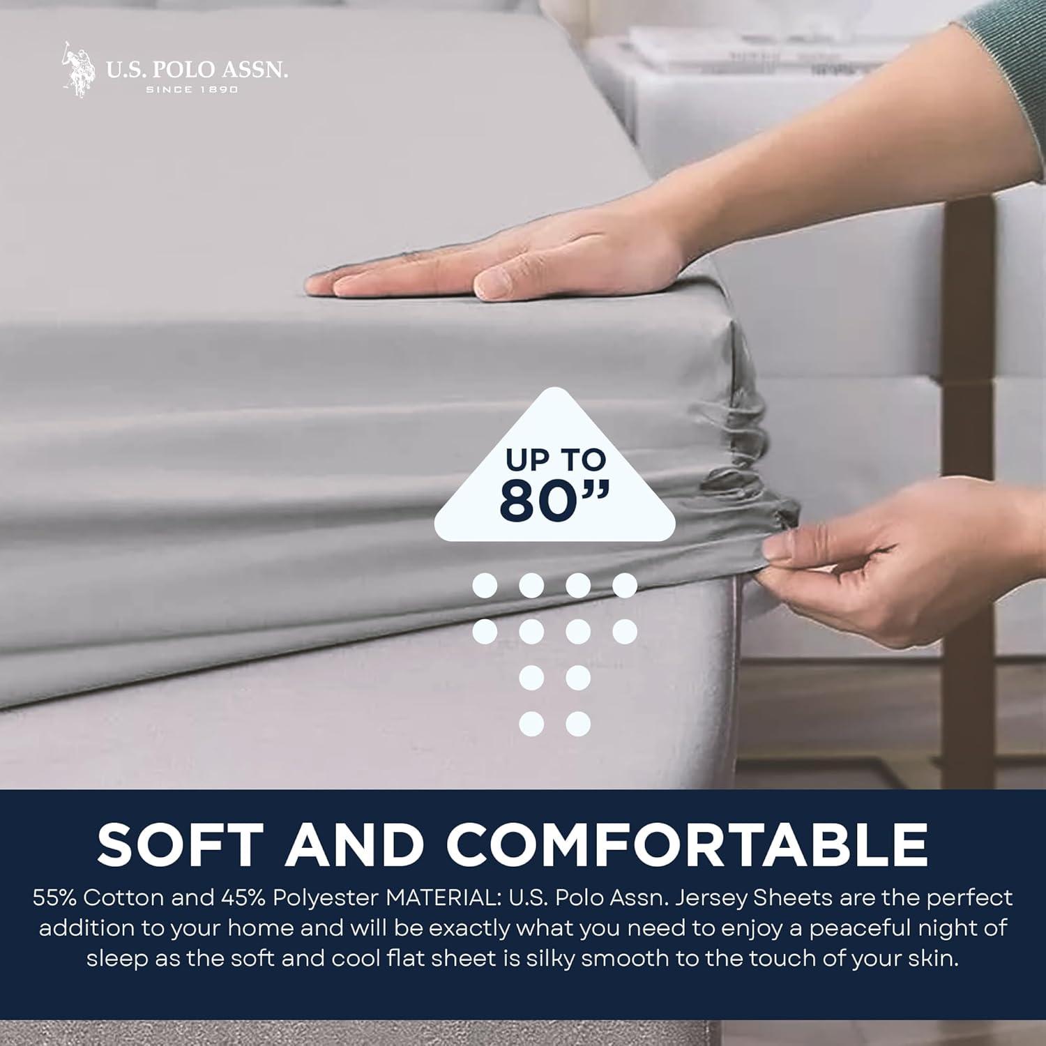 imageUS Polo Assn All Season Soft and Cozy TShirt Material 1800 Thread Count 4Piece Cotton Rich Jersey Sheet SetHeather Lt Grey