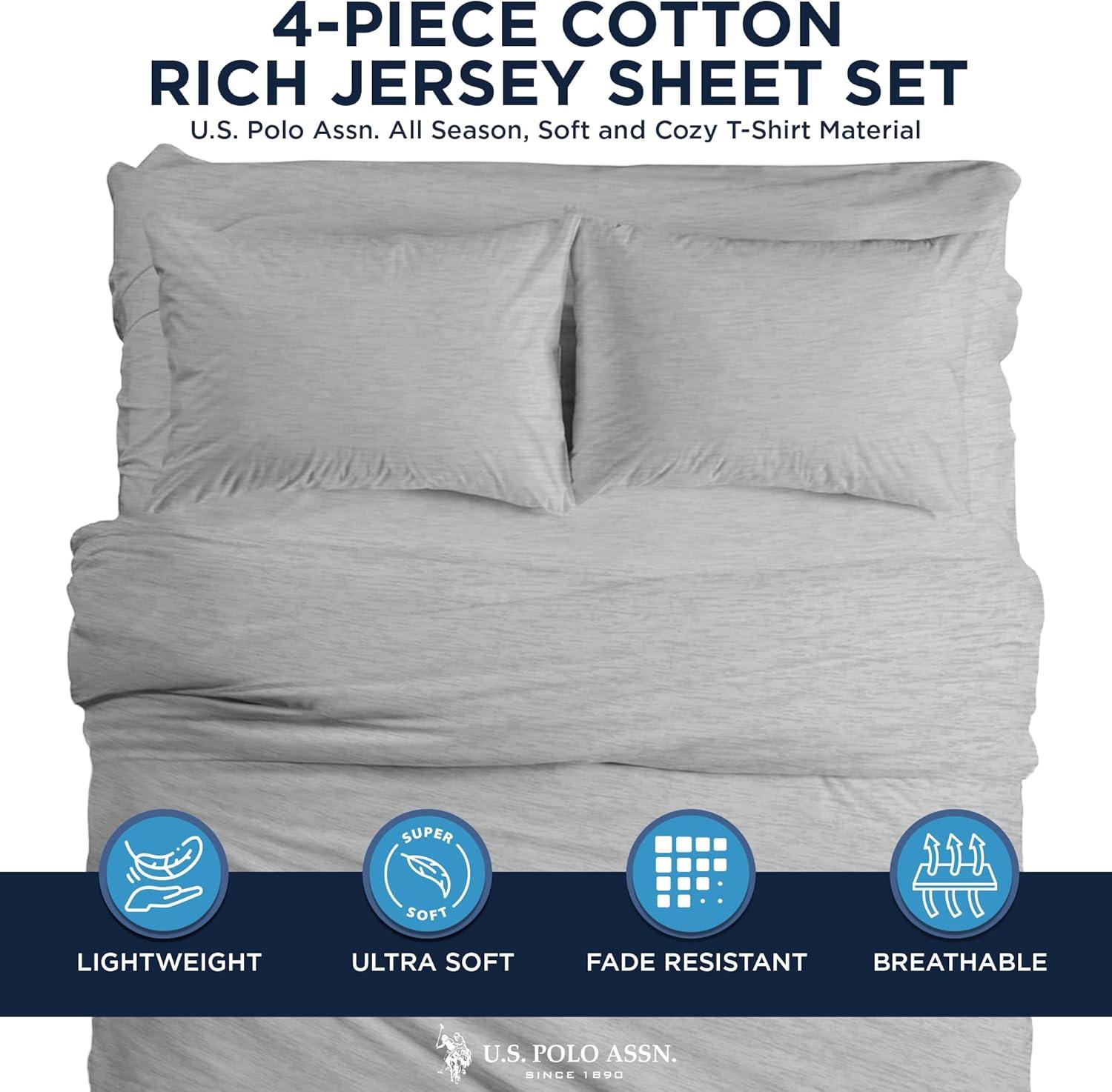 imageUS Polo Assn All Season Soft and Cozy TShirt Material 1800 Thread Count 4Piece Cotton Rich Jersey Sheet SetHeather Lt Grey