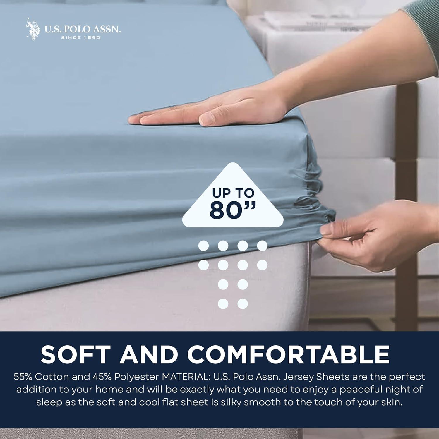 imageUS Polo Assn All Season Soft and Cozy TShirt Material 1800 Thread Count 4Piece Cotton Rich Jersey Sheet SetHeather Ltblue