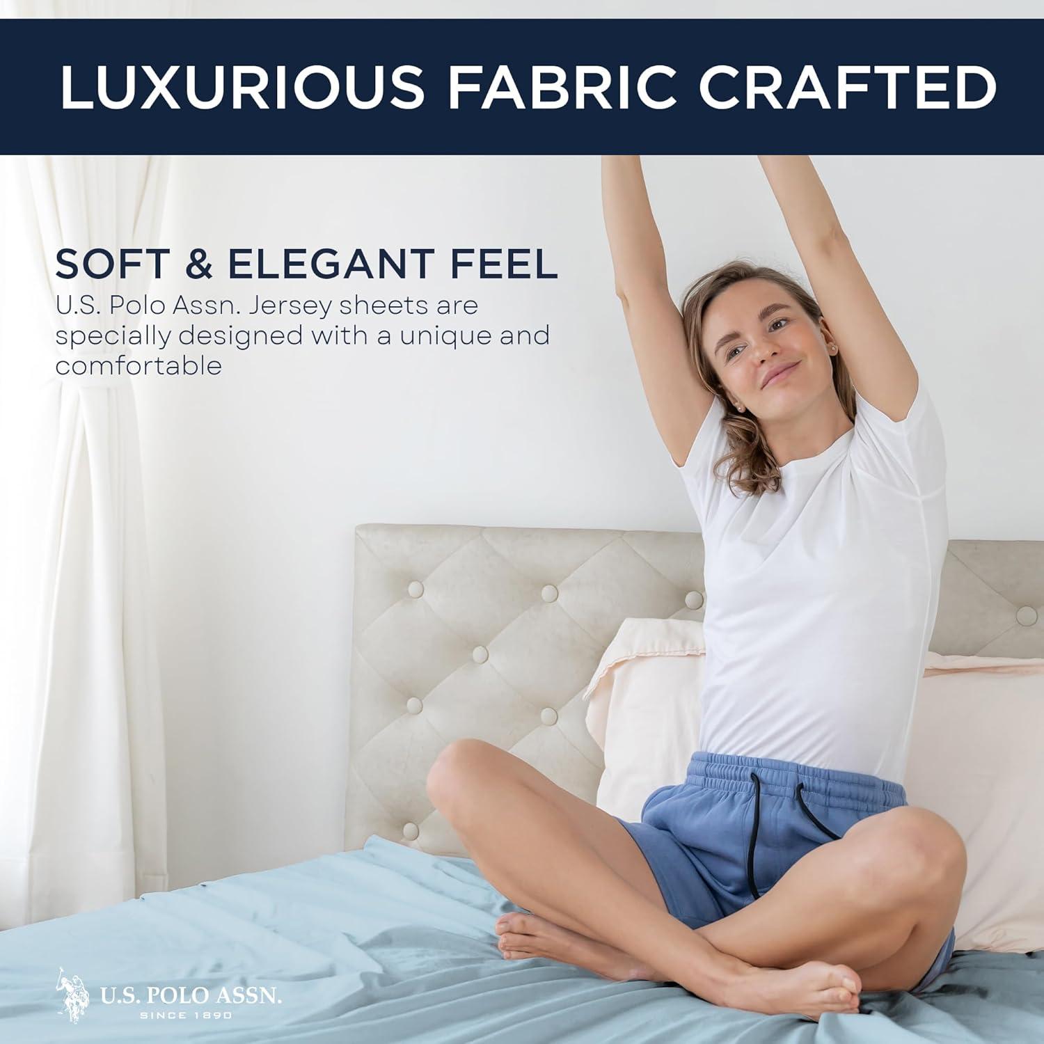 imageUS Polo Assn All Season Soft and Cozy TShirt Material 1800 Thread Count 4Piece Cotton Rich Jersey Sheet SetHeather Ltblue