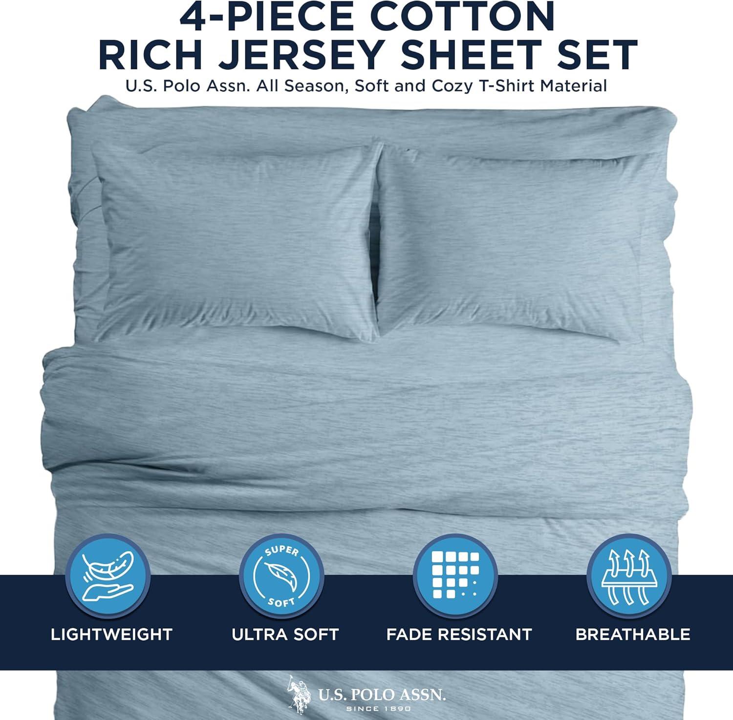 imageUS Polo Assn All Season Soft and Cozy TShirt Material 1800 Thread Count 4Piece Cotton Rich Jersey Sheet SetHeather Ltblue