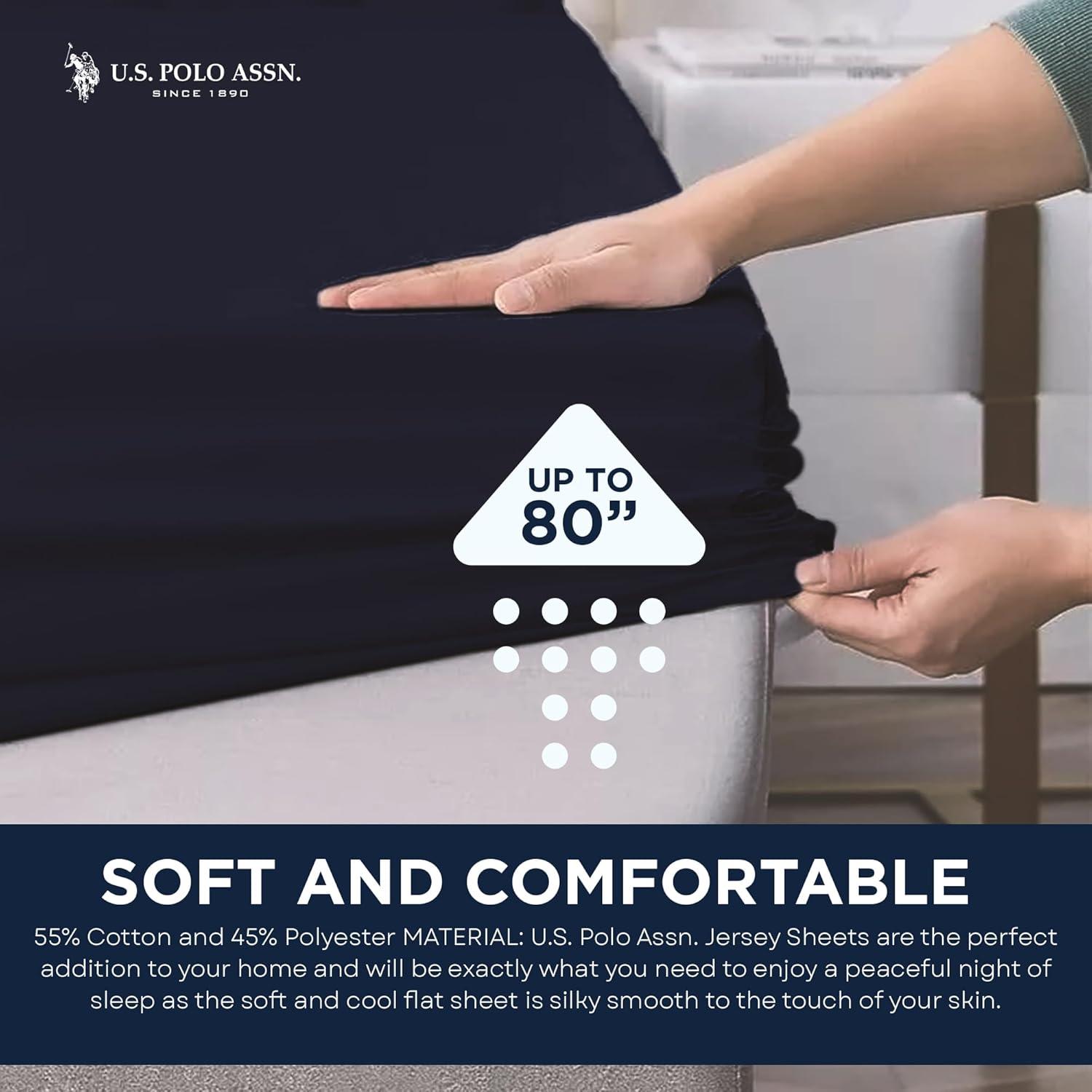 imageUS Polo Assn All Season Soft and Cozy TShirt Material 1800 Thread Count 4Piece Cotton Rich Jersey Sheet SetHeather Navy