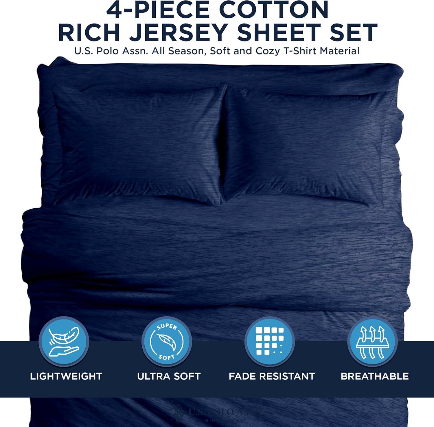 imageUS Polo Assn All Season Soft and Cozy TShirt Material 1800 Thread Count 4Piece Cotton Rich Jersey Sheet SetHeather Navy