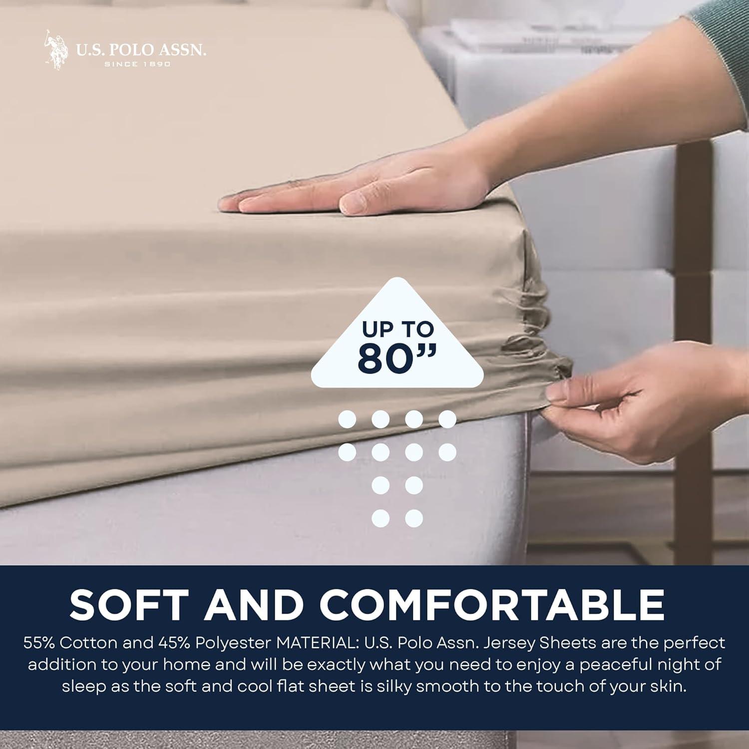 imageUS Polo Assn All Season Soft and Cozy TShirt Material 1800 Thread Count 4Piece Cotton Rich Jersey Sheet SetHeather Oatmeal