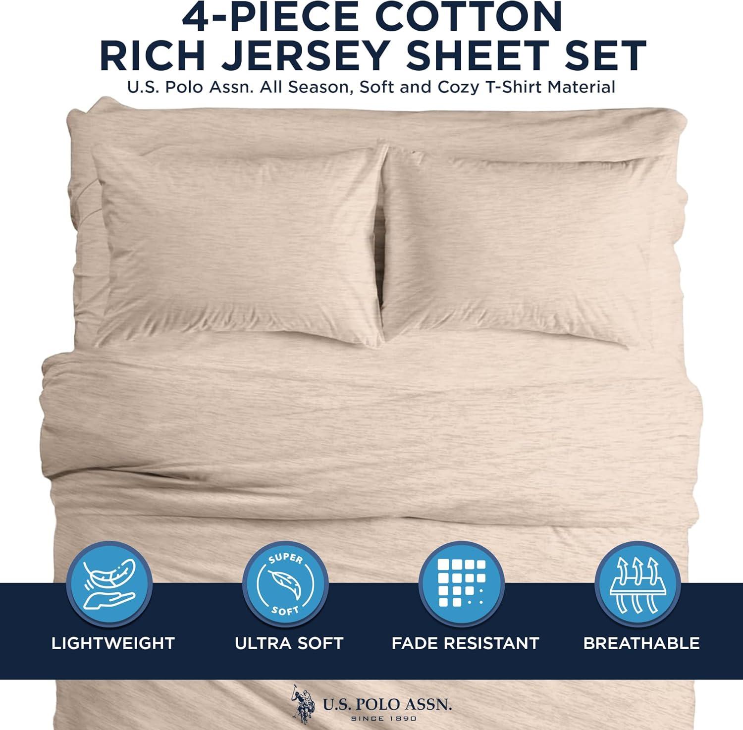 imageUS Polo Assn All Season Soft and Cozy TShirt Material 1800 Thread Count 4Piece Cotton Rich Jersey Sheet SetHeather Tan