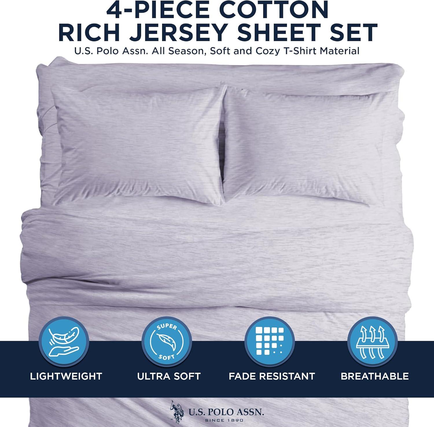 imageUS Polo Assn All Season Soft and Cozy TShirt Material 1800 Thread Count 4Piece Cotton Rich Jersey Sheet SetLavender