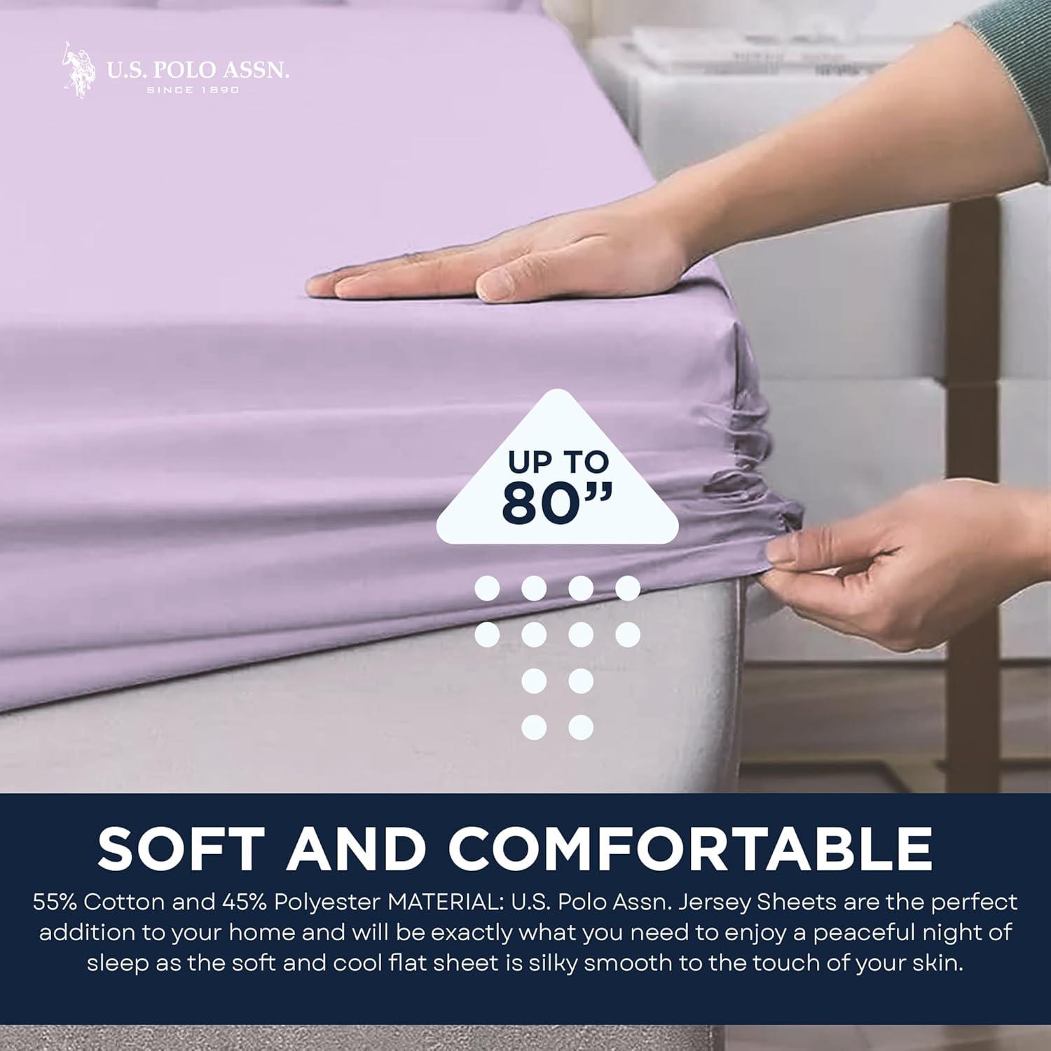 imageUS Polo Assn All Season Soft and Cozy TShirt Material 1800 Thread Count 4Piece Cotton Rich Jersey Sheet SetLavender