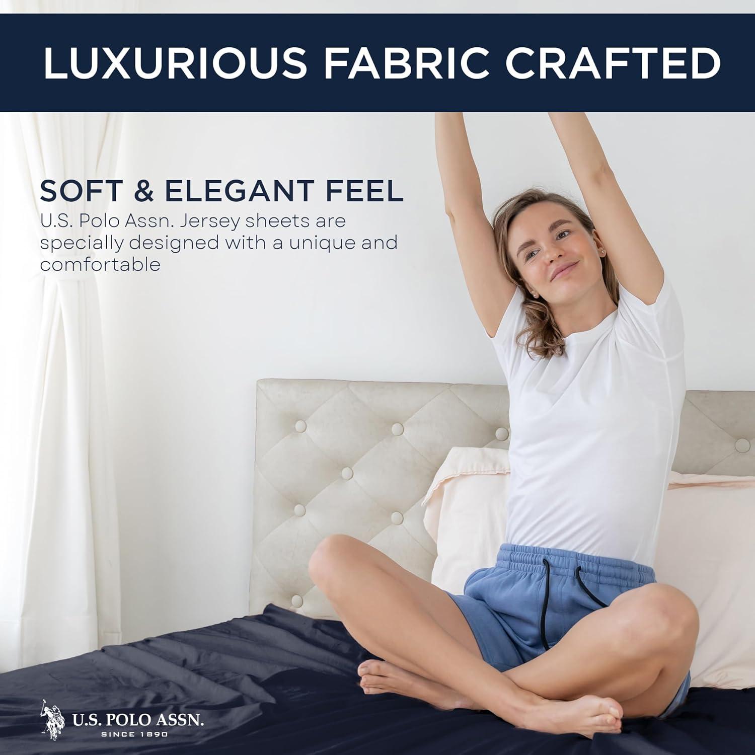 imageUS Polo Assn All Season Soft and Cozy TShirt Material 1800 Thread Count 4Piece Cotton Rich Jersey Sheet SetNavy