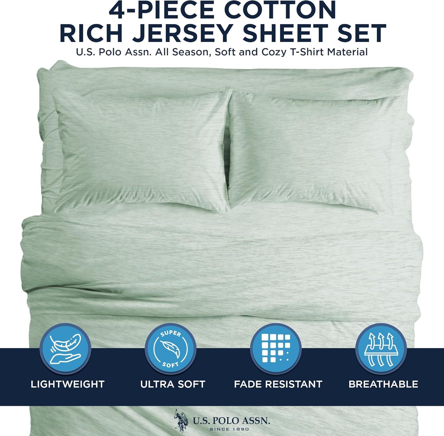 imageUS Polo Assn All Season Soft and Cozy TShirt Material 1800 Thread Count 4Piece Cotton Rich Jersey Sheet SetSage