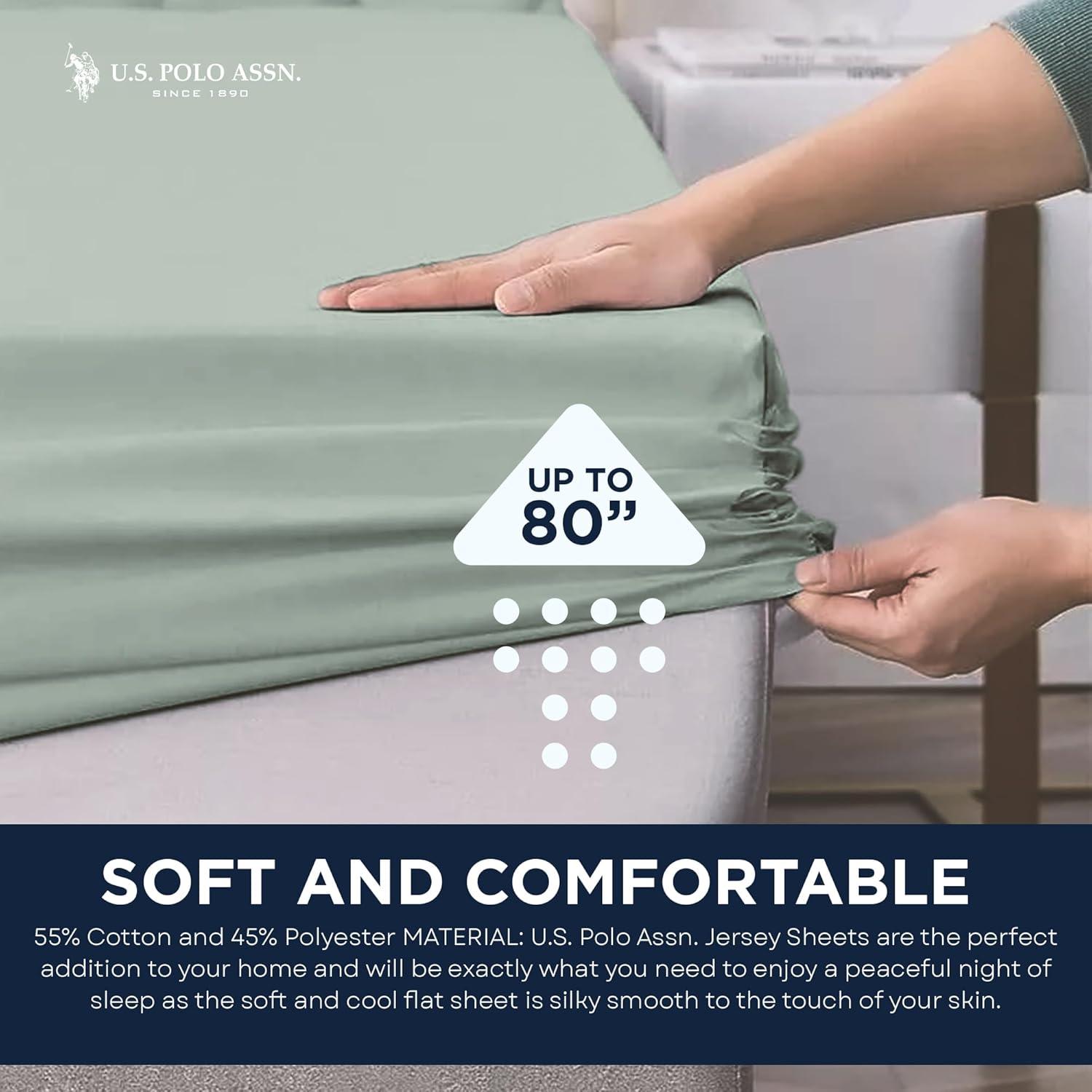 imageUS Polo Assn All Season Soft and Cozy TShirt Material 1800 Thread Count 4Piece Cotton Rich Jersey Sheet SetSage