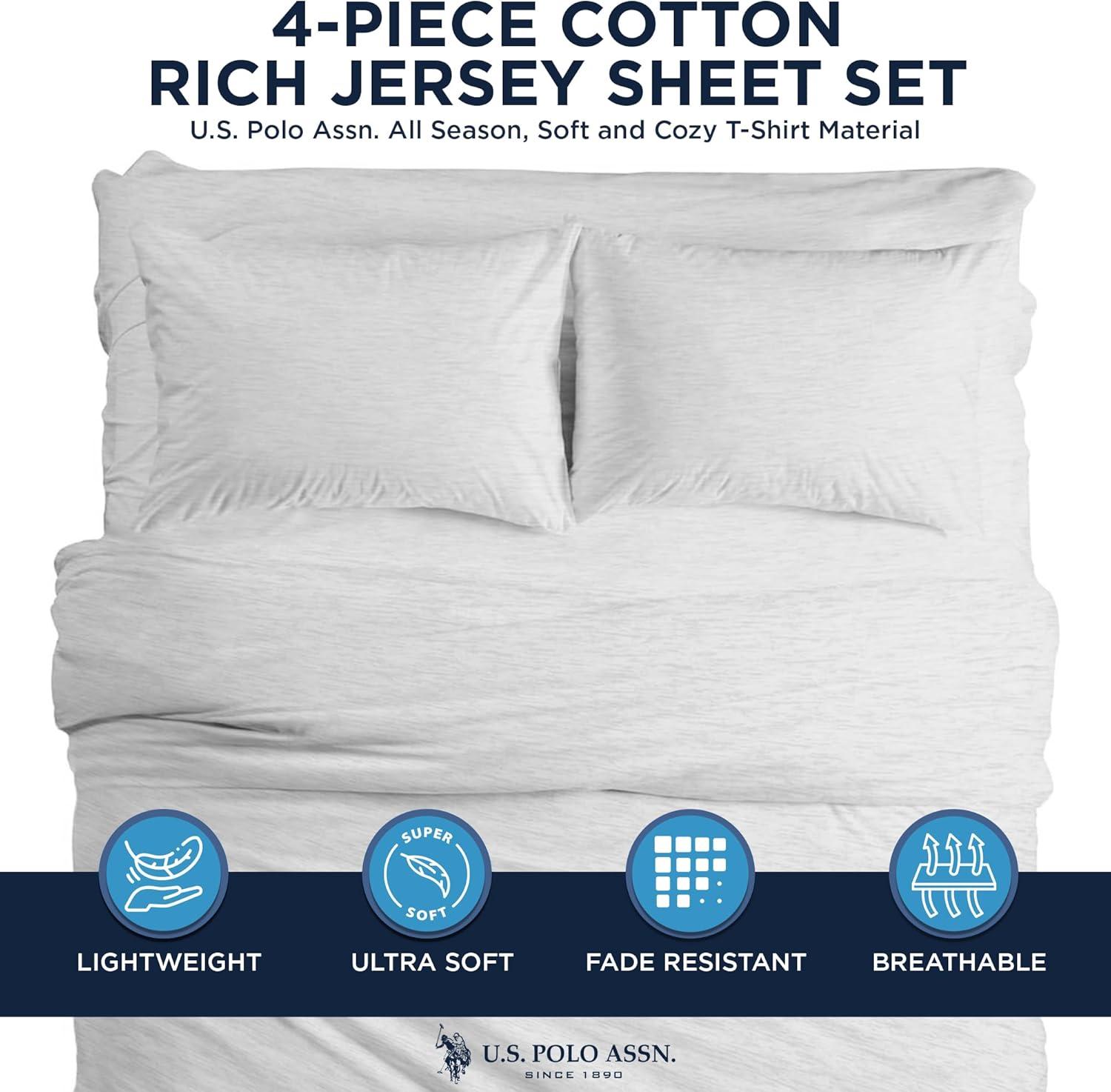 imageUS Polo Assn All Season Soft and Cozy TShirt Material 1800 Thread Count 4Piece Cotton Rich Jersey Sheet SetWhite