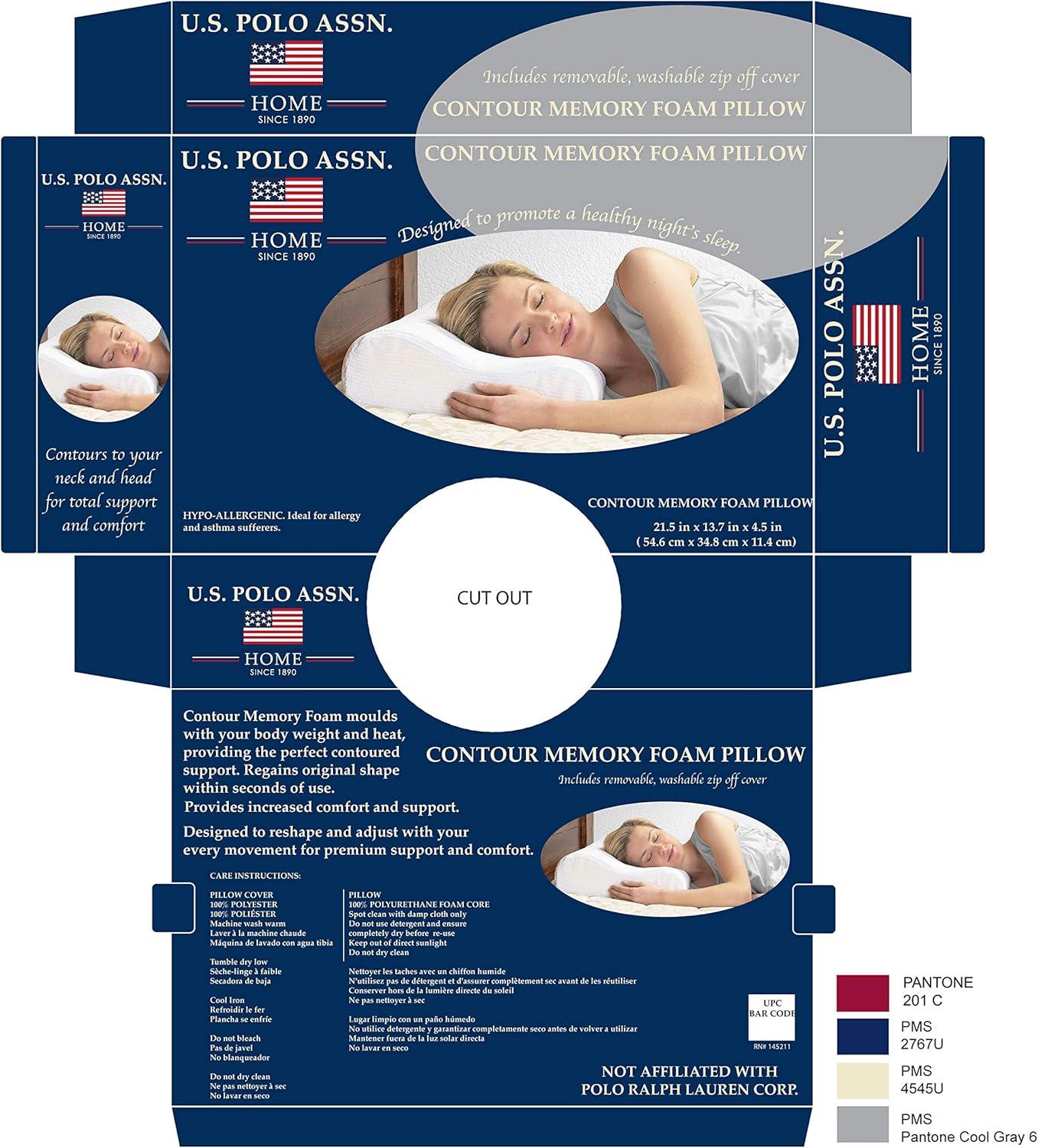 imageUS Polo Assn Classic Memory Foam Pillow 21 x 13 x 4 inches White Removable Cover