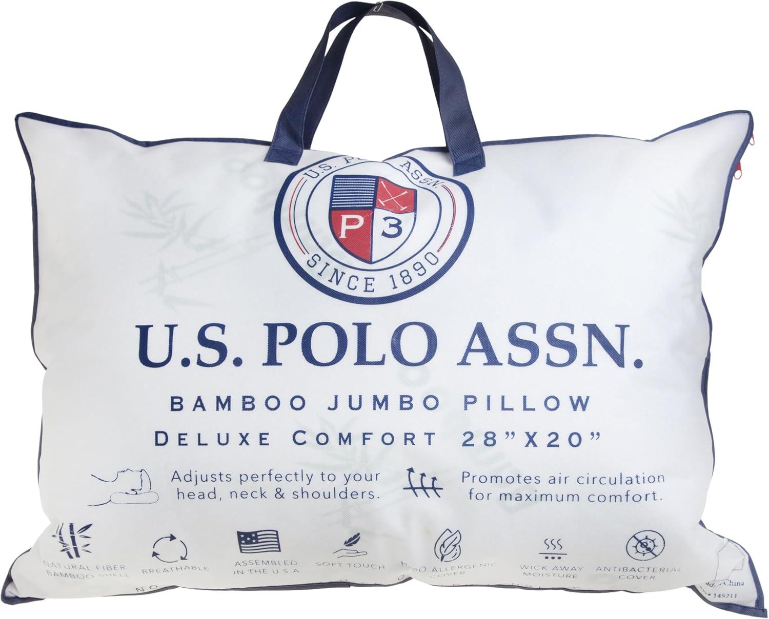 imageUS Polo Assn Jumbo Bamboo Pillow 28 x 20 inches Deluxe Comfort White