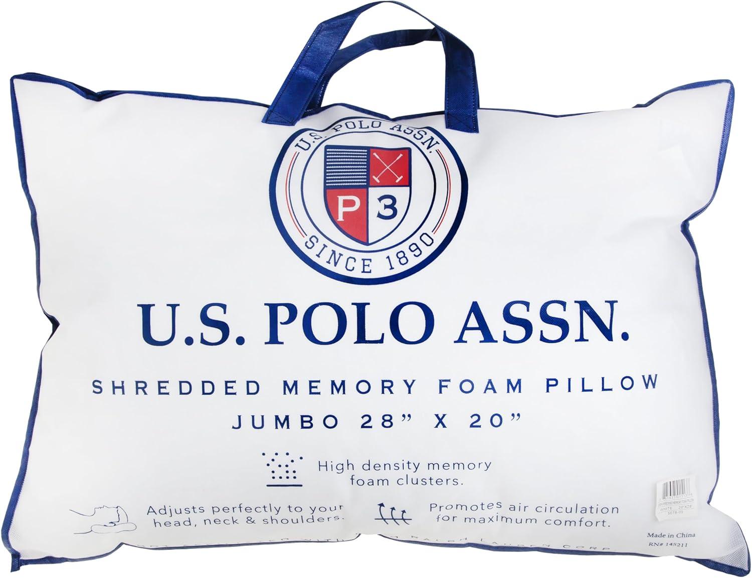 imageUS Polo Assn Jumbo Shredded Memory Foam Pillow 28 x 20 inches High Density Clusters Adjustable Support