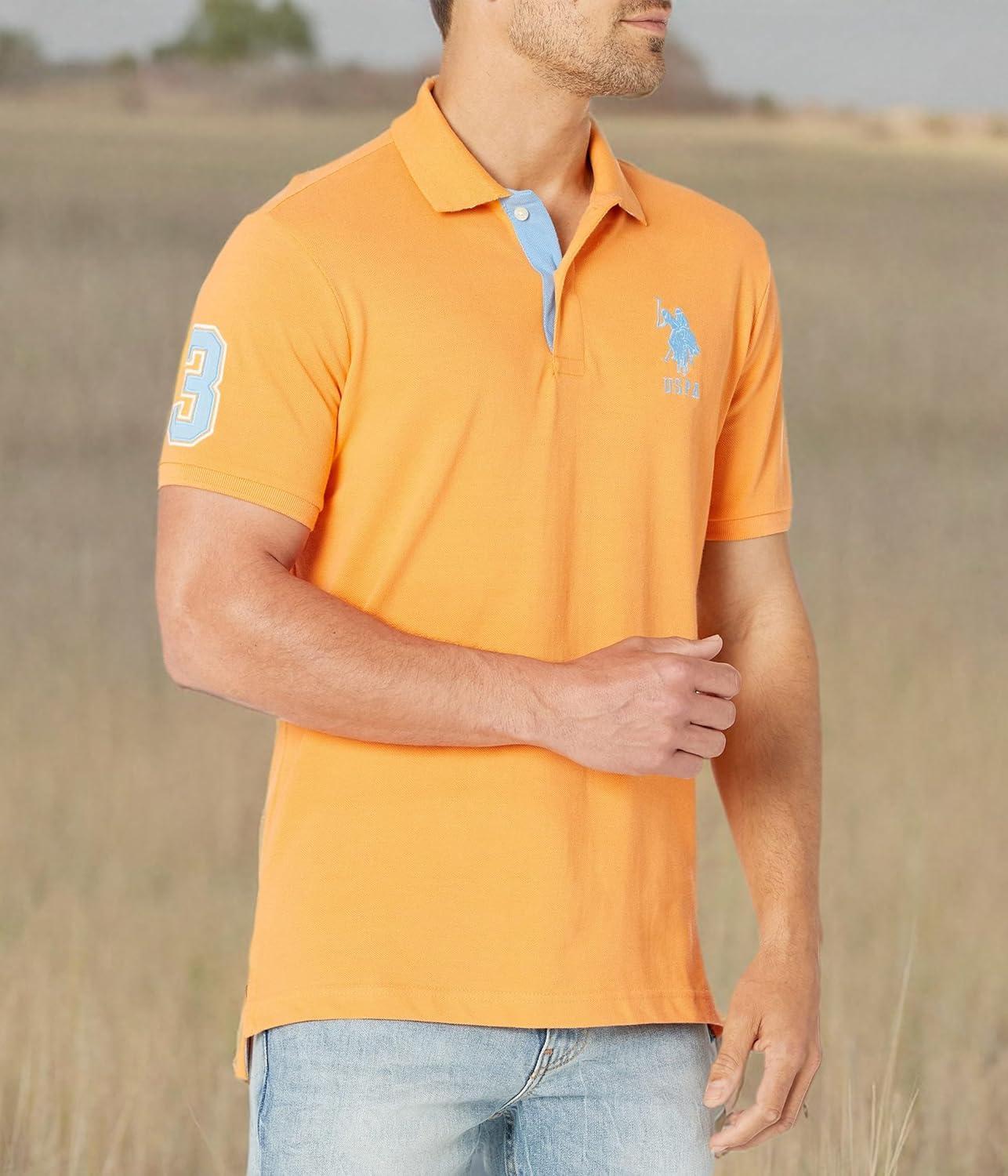imageUS Polo Assn Mens ShortSleeve Polo Shirt with Applique Casual Summer Slim Fit Polo Shirt with Contrast ColorBlazing Orange