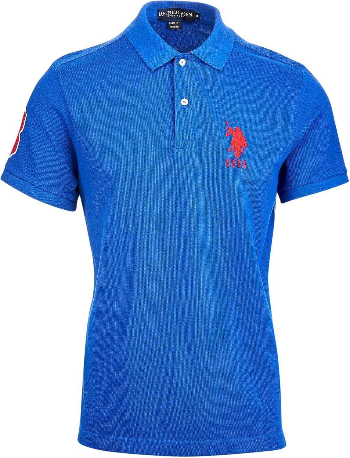 imageUS Polo Assn Mens ShortSleeve Polo Shirt with Applique Casual Summer Slim Fit Polo Shirt with Contrast ColorBlue RaftEngine Red