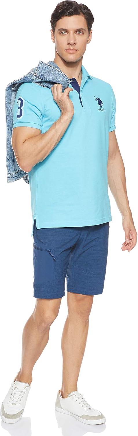 imageUS Polo Assn Mens ShortSleeve Polo Shirt with Applique Casual Summer Slim Fit Polo Shirt with Contrast ColorHorizon Blue