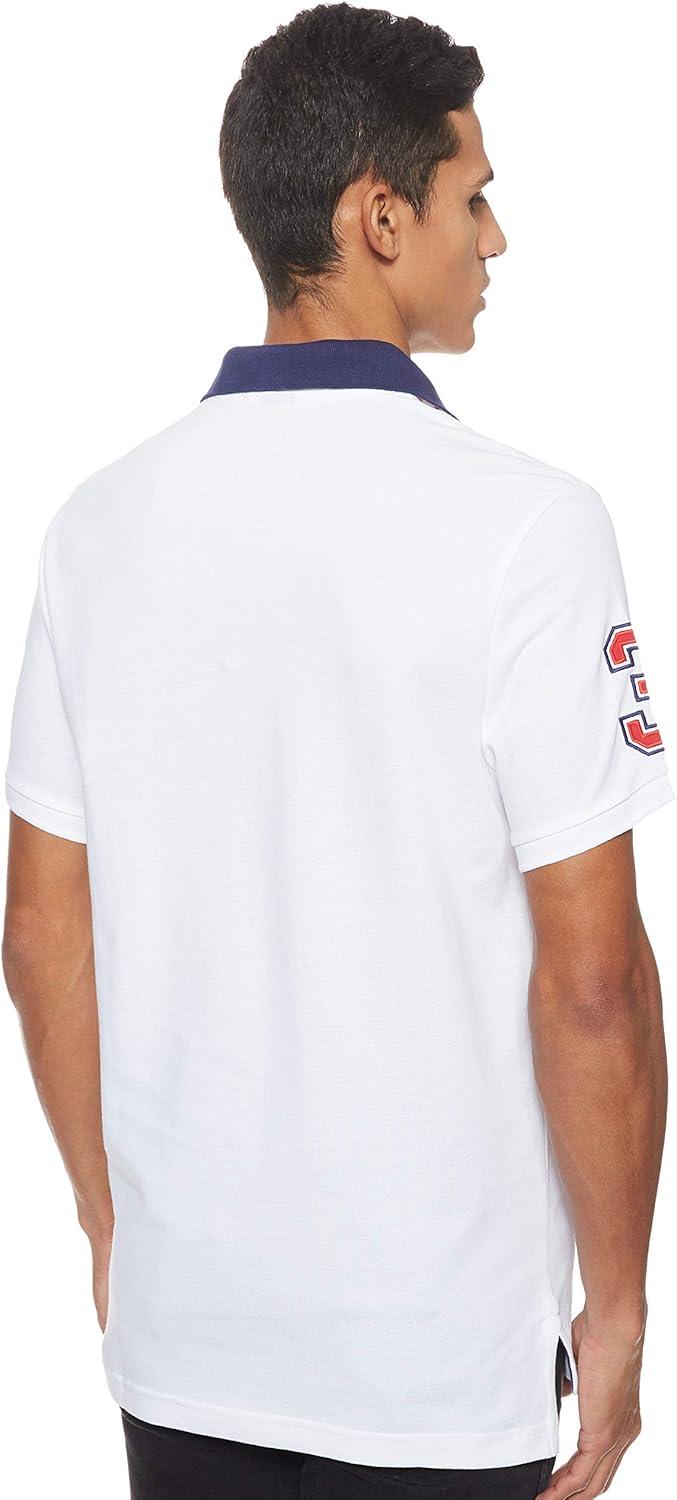 imageUS Polo Assn Mens ShortSleeve Polo Shirt with Applique Casual Summer Slim Fit Polo Shirt with Contrast ColorWhiteDodger Blue