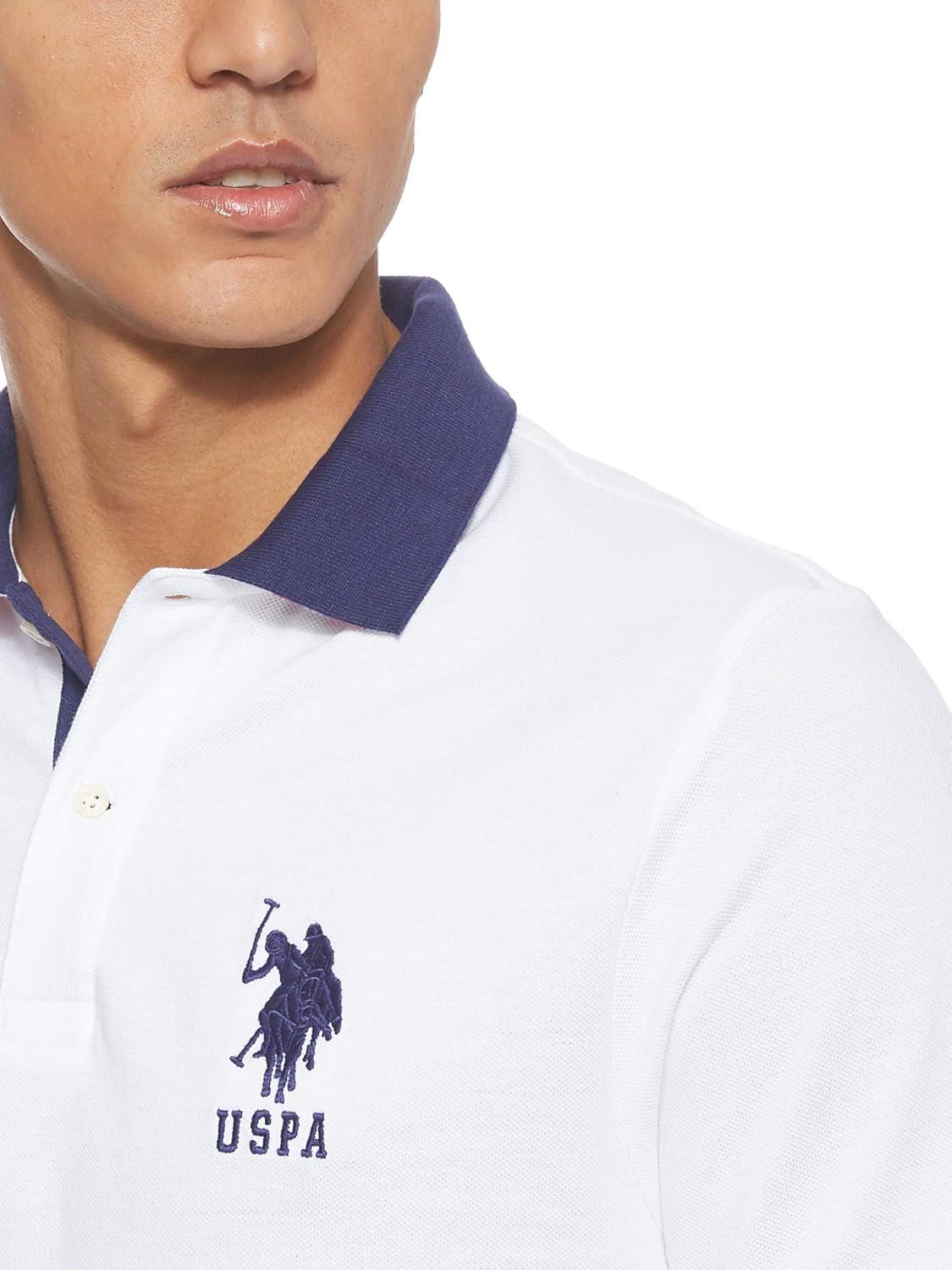 imageUS Polo Assn Mens ShortSleeve Polo Shirt with Applique Casual Summer Slim Fit Polo Shirt with Contrast ColorWhiteDodger Blue