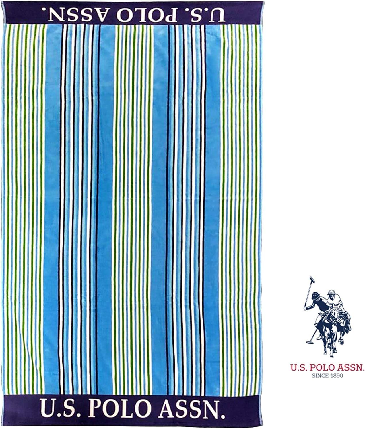 imageUS Polo Assn Oversized 40 x 70 Striped Nautical Design Beach Towel Luxury Plush Cotton Hotel Quality for Bath Pool Bon Voyage StripeBlueGreen