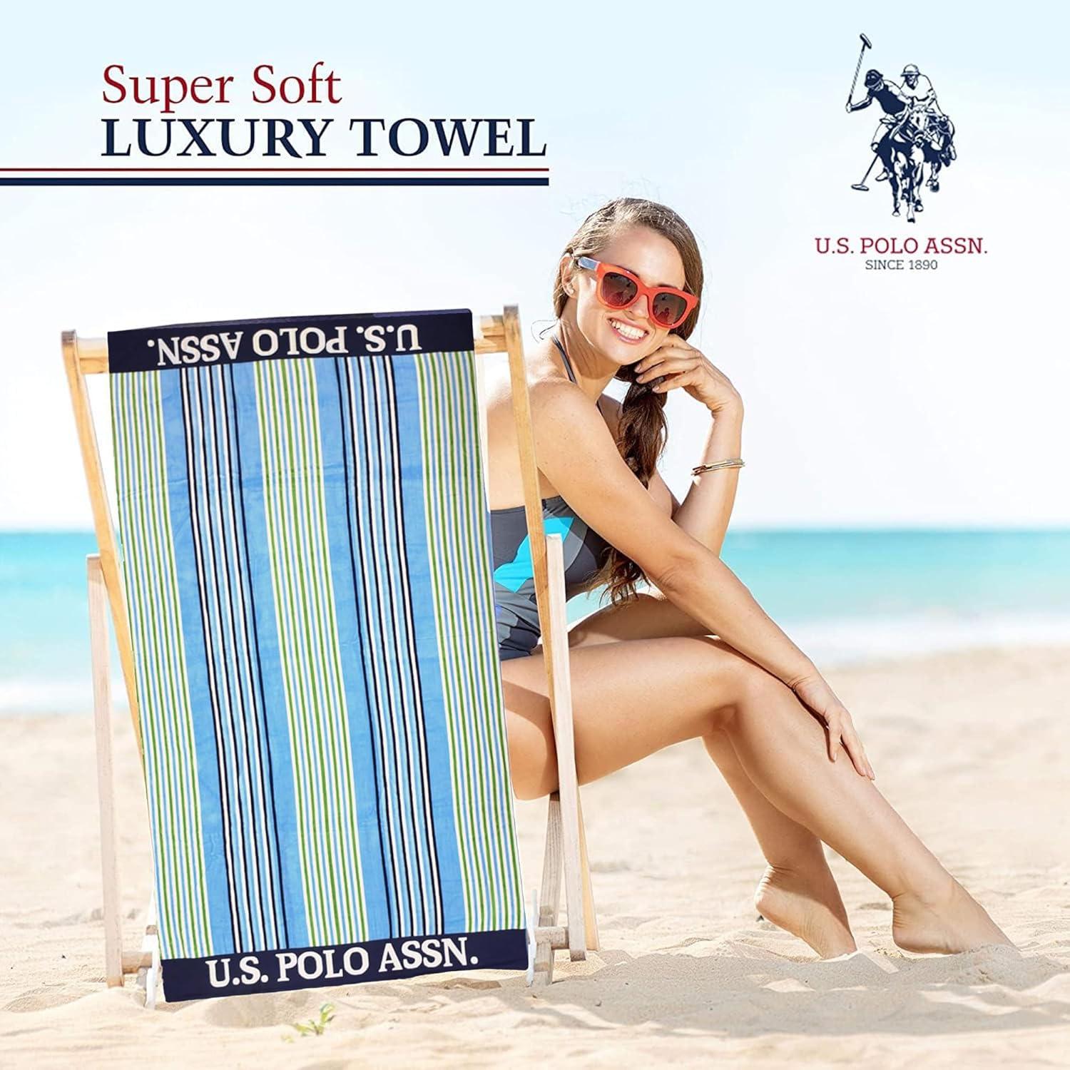 imageUS Polo Assn Oversized 40 x 70 Striped Nautical Design Beach Towel Luxury Plush Cotton Hotel Quality for Bath Pool Bon Voyage StripeBlueGreen 2