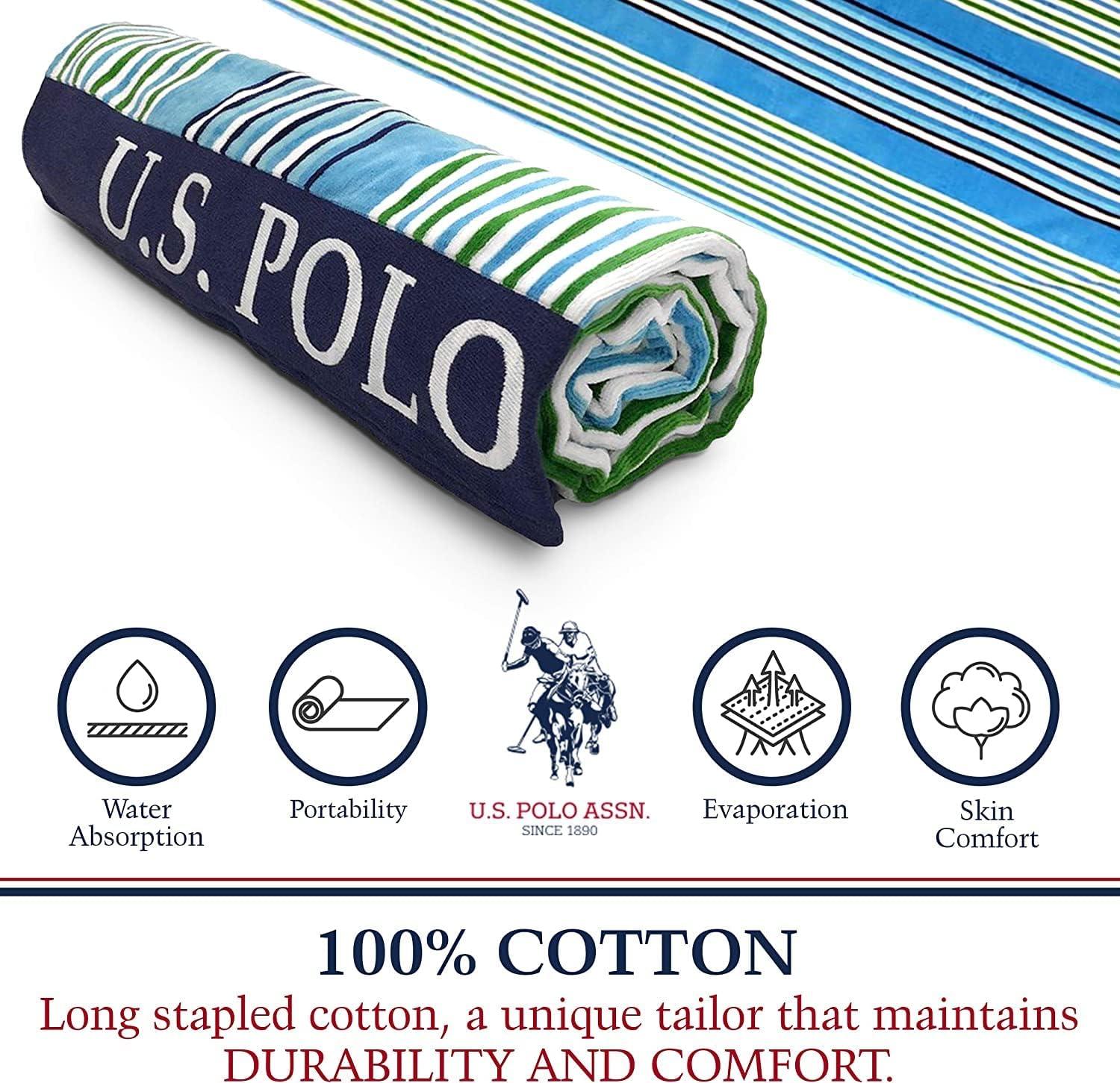 imageUS Polo Assn Oversized 40 x 70 Striped Nautical Design Beach Towel Luxury Plush Cotton Hotel Quality for Bath Pool Bon Voyage StripeBlueGreen