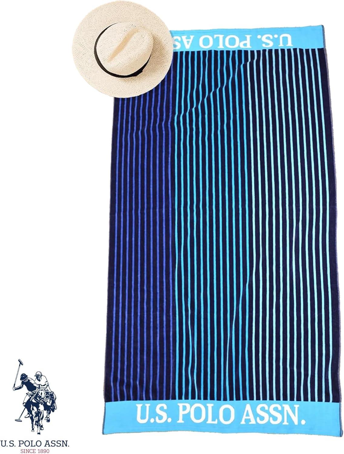 imageUS Polo Assn Oversized 40 x 70 Striped Nautical Design Beach Towel Luxury Plush Cotton Hotel Quality for Bath Pool Bon Voyage StripeBlueNavy