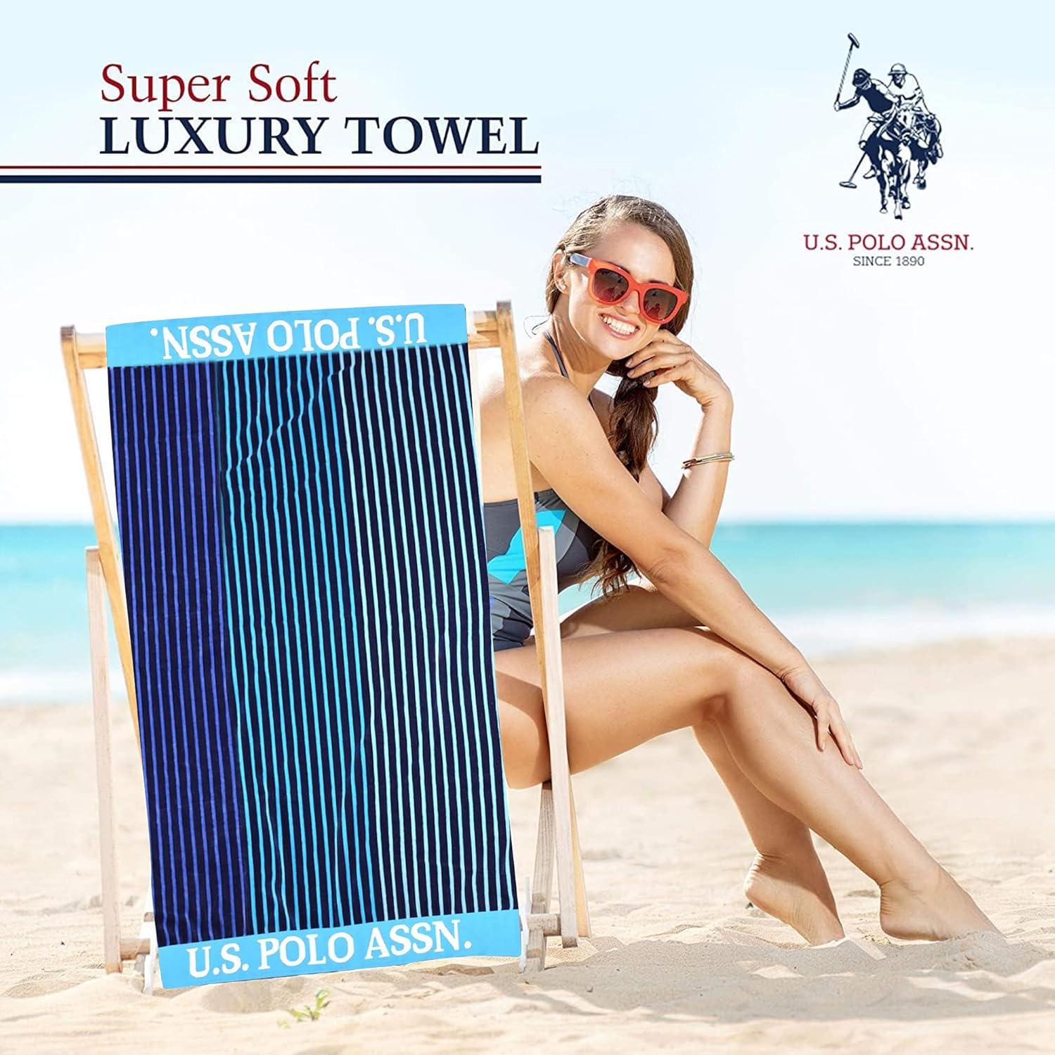 imageUS Polo Assn Oversized 40 x 70 Striped Nautical Design Beach Towel Luxury Plush Cotton Hotel Quality for Bath Pool Bon Voyage StripeBlueNavy
